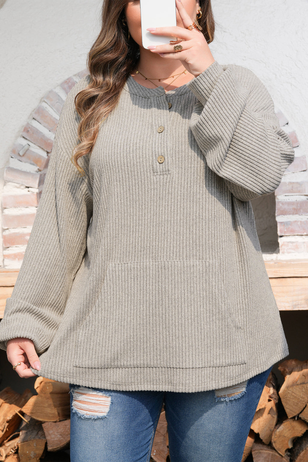 Simply Taupe Plus Size Ribbed Knit Kangaroo Pocket Henley Long Sleeve Top