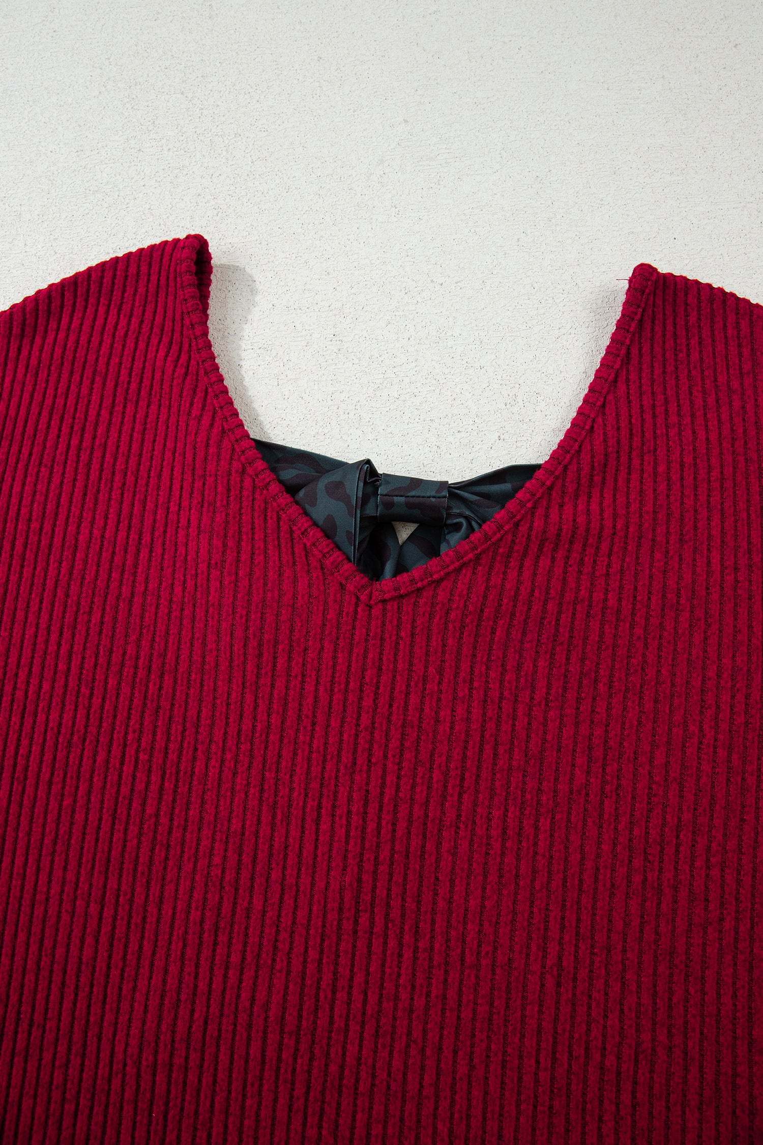 Simply Taupe Ribbed V Neck Contrast Ribbon Bow Back Drop Shoulder Long Sleeve Top