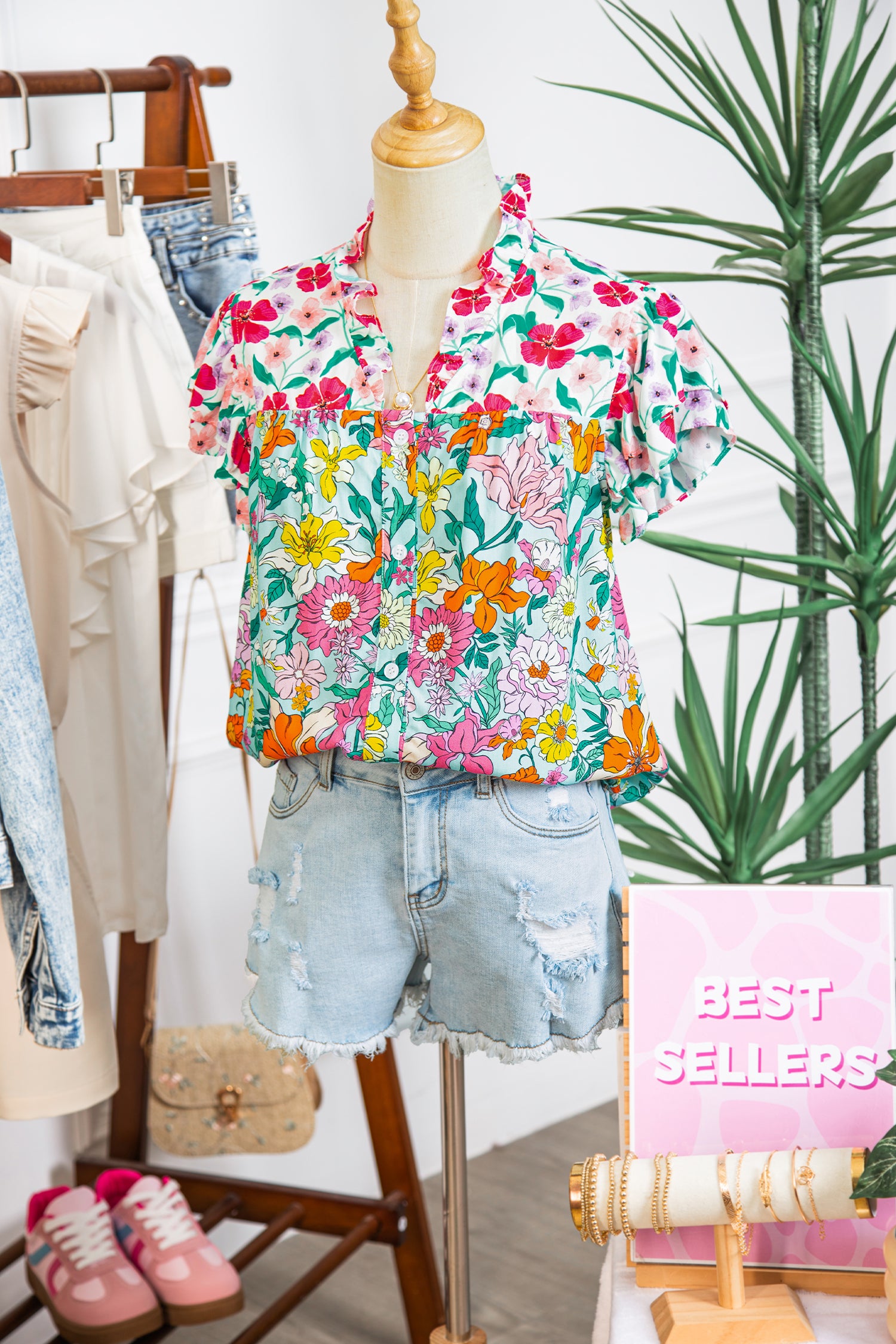 Sky Blue Floral Print Split Neck Button Front Flutter Sleeve Blouse