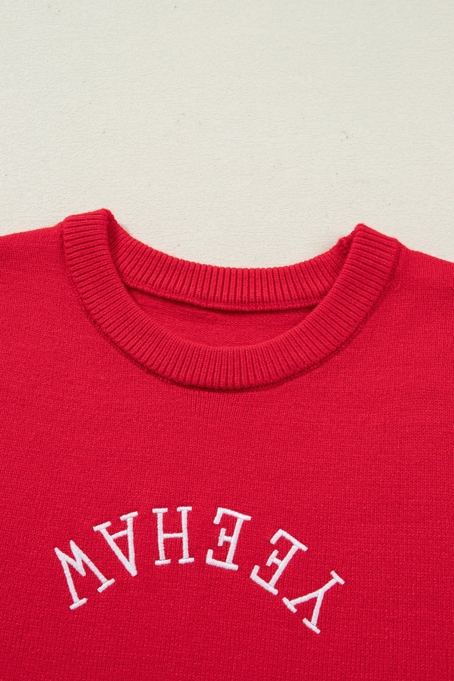 Fiery Red YEEHAW Embroidered Letter Loose Short Sleeve Sweater