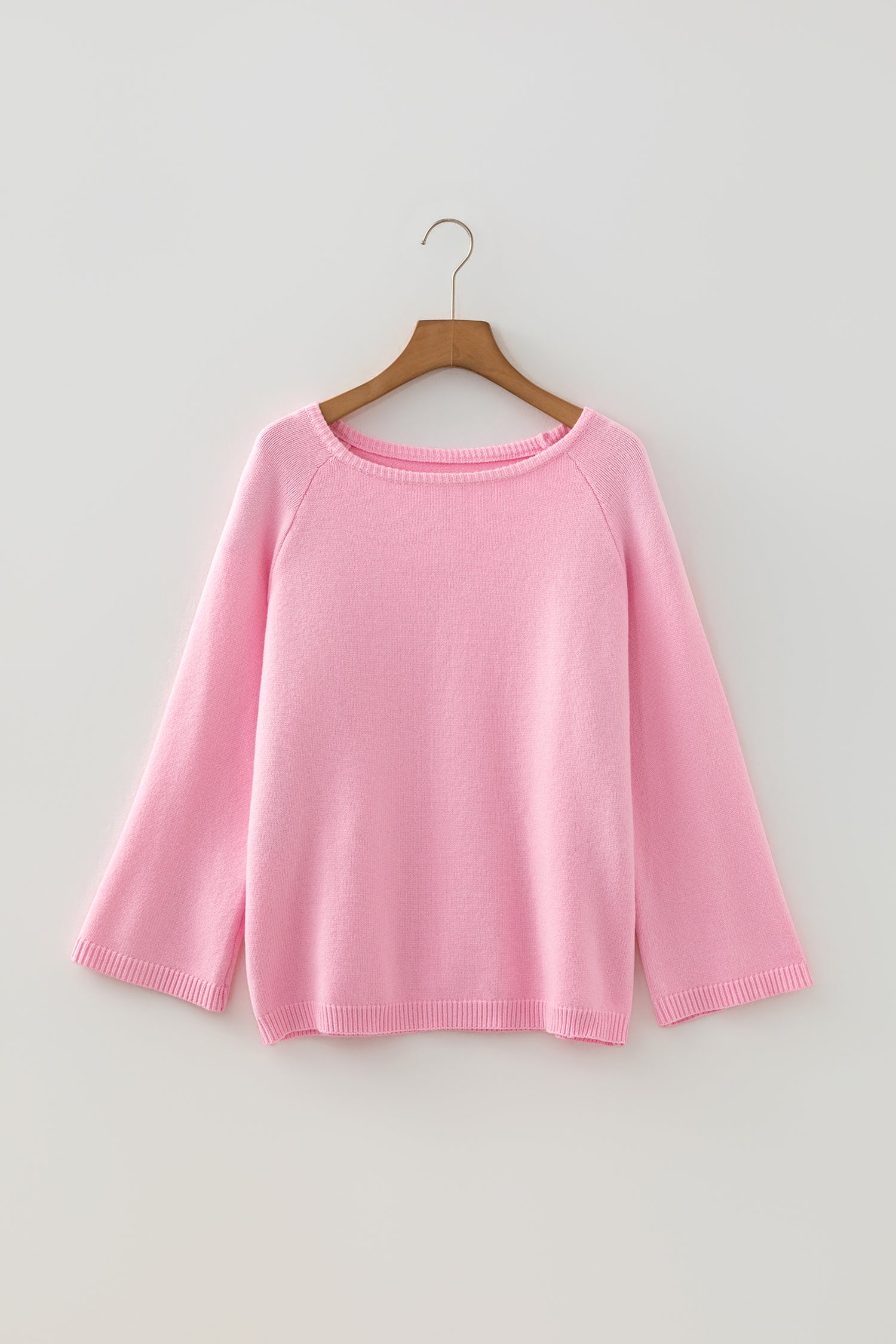 Pink Solid Color Knit Loose Bracelet Sleeve Dolman Sweater