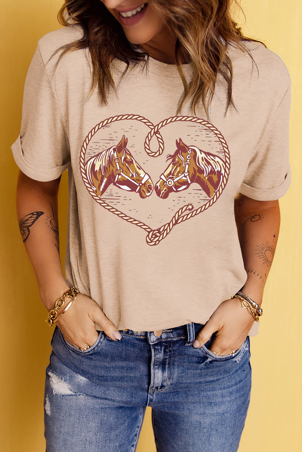 Khaki Rodeo Horse Graphic Western Cowgirl Fashion T Shirt