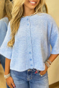 Beau Blue 3/4 Sleeve Boxy Knit Button Down Sweater Cardigan