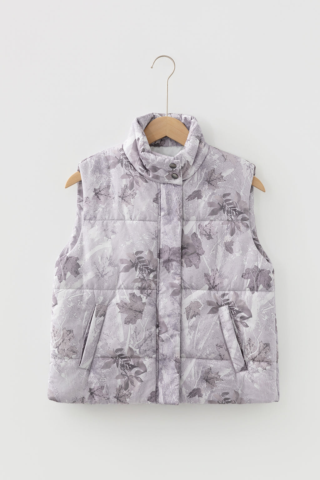 Brown Camo Leaf Print Winter Puffer Vest