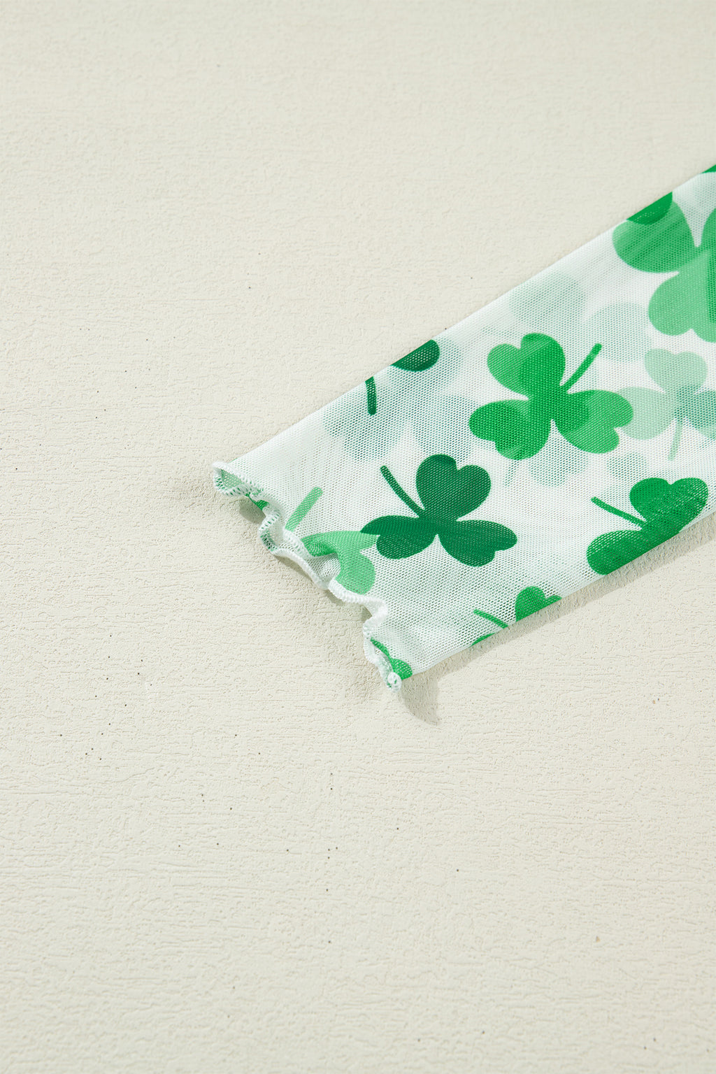 Green Lucky Shamrock Lettuce Trim High Neck Mesh Long Sleeve Top