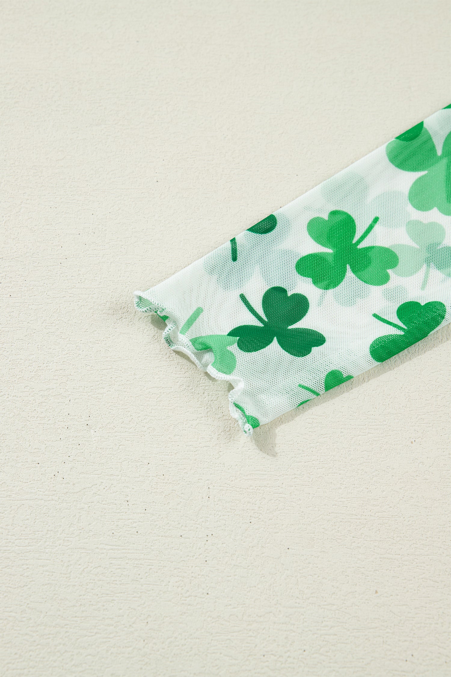 Green Lucky Shamrock Lettuce Trim High Neck Mesh Long Sleeve Top