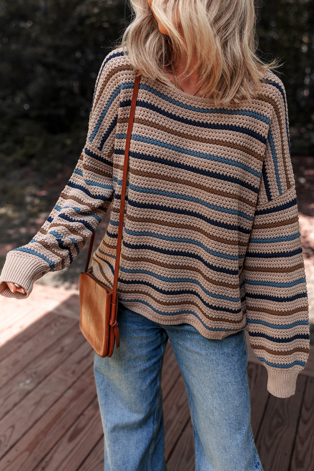 Multicolour Striped Knitted Drop Shoulder Round Neck Sweater