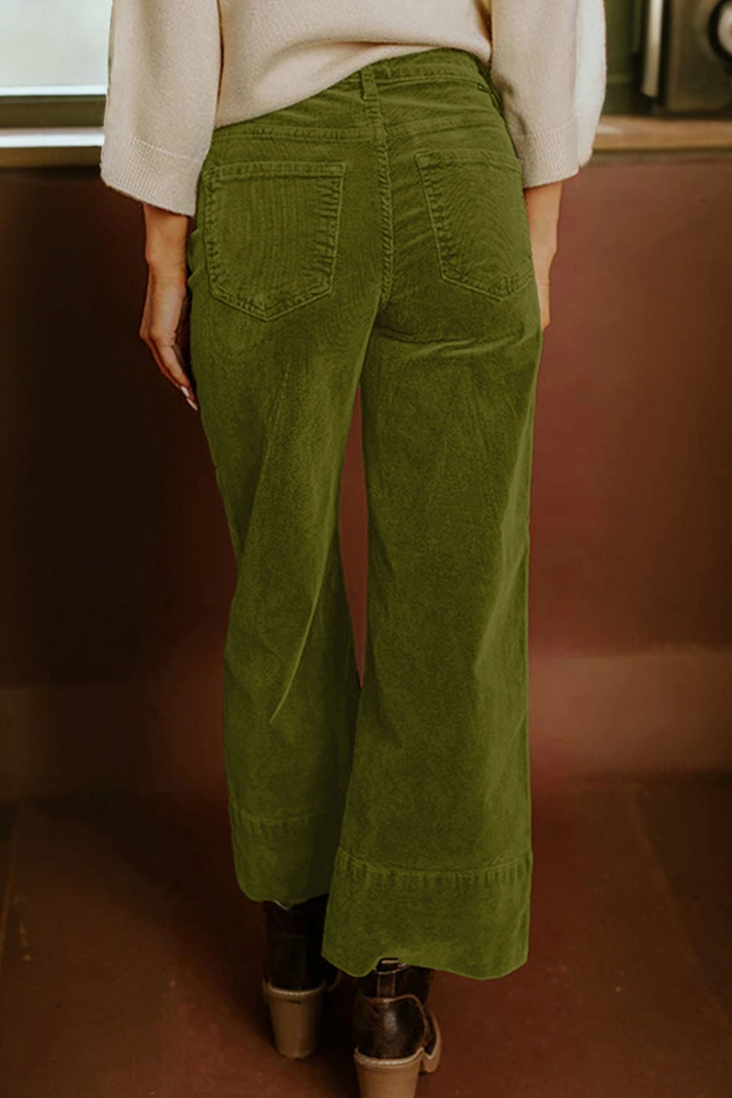 Vineyard Green Corduroy Solid Color High Waist Wide Leg Pants