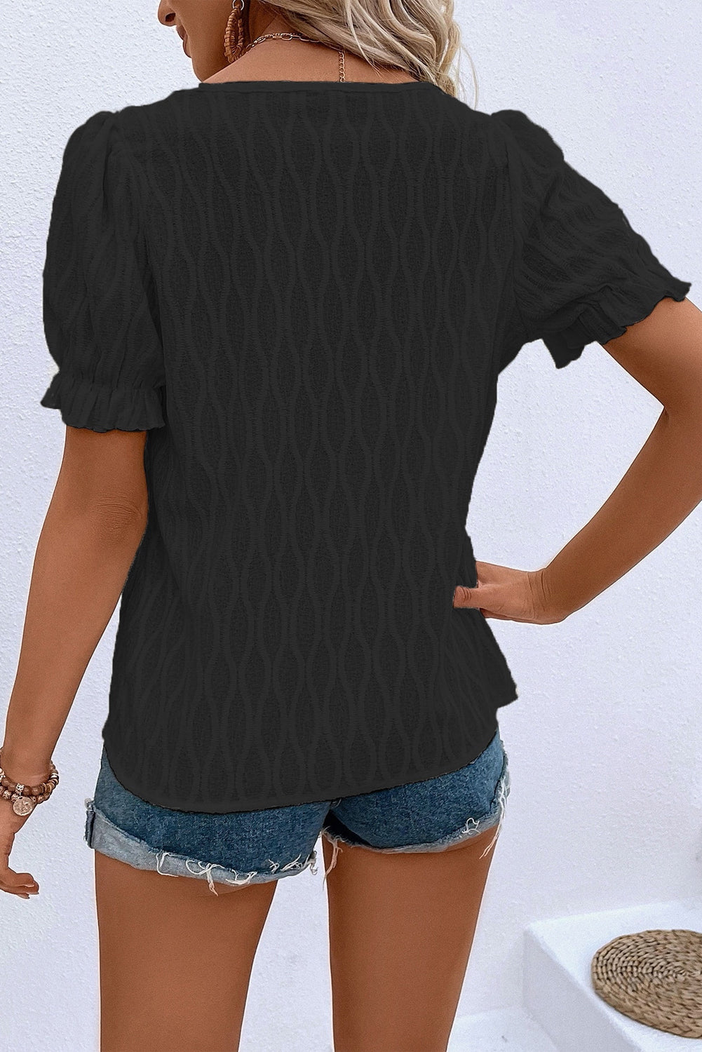 Beau Blue Solid Color Textured Notched Neck Puff Sleeve Blouse