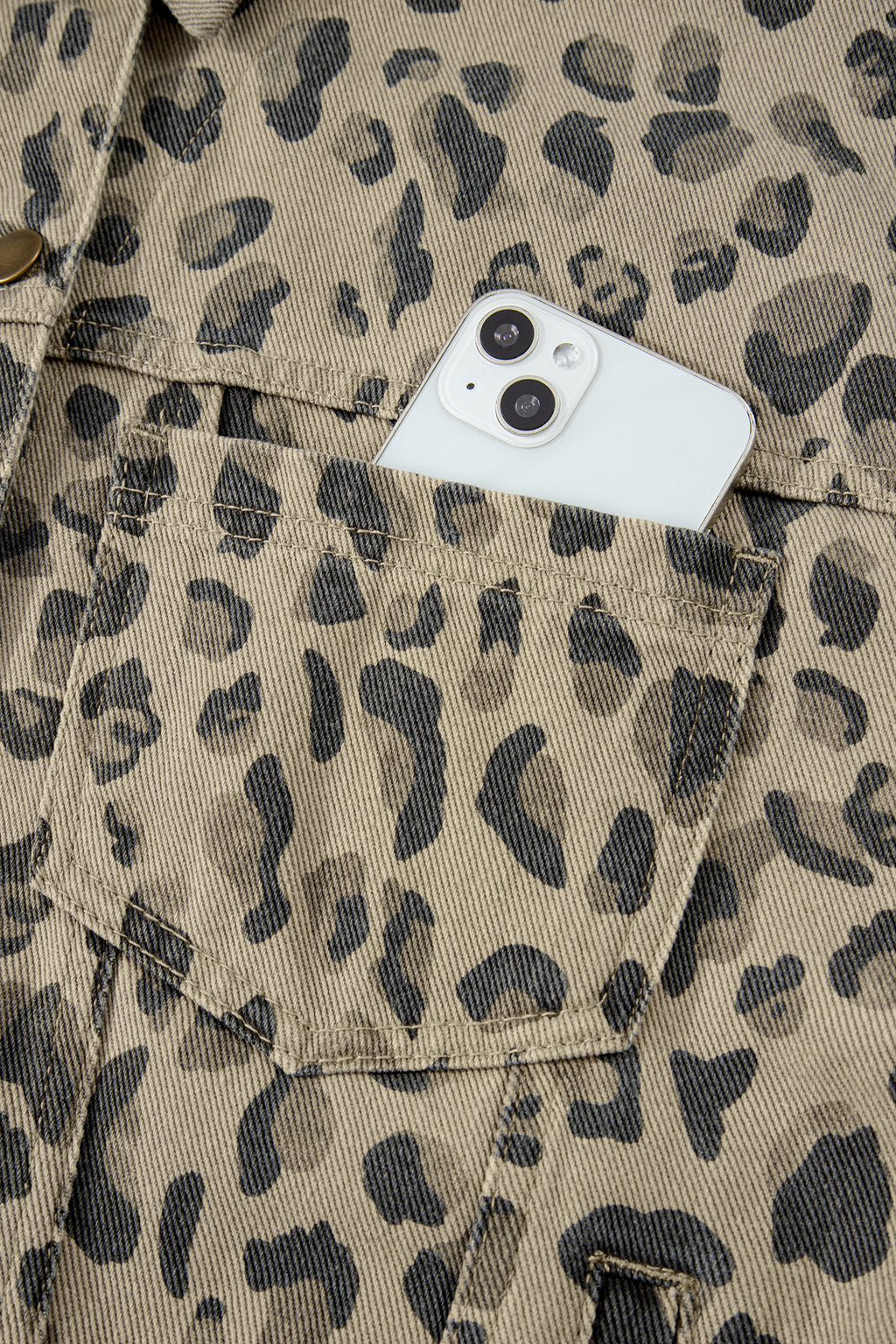 Khaki Retro Leopard Print Seam Detail Button Down Denim Jacket