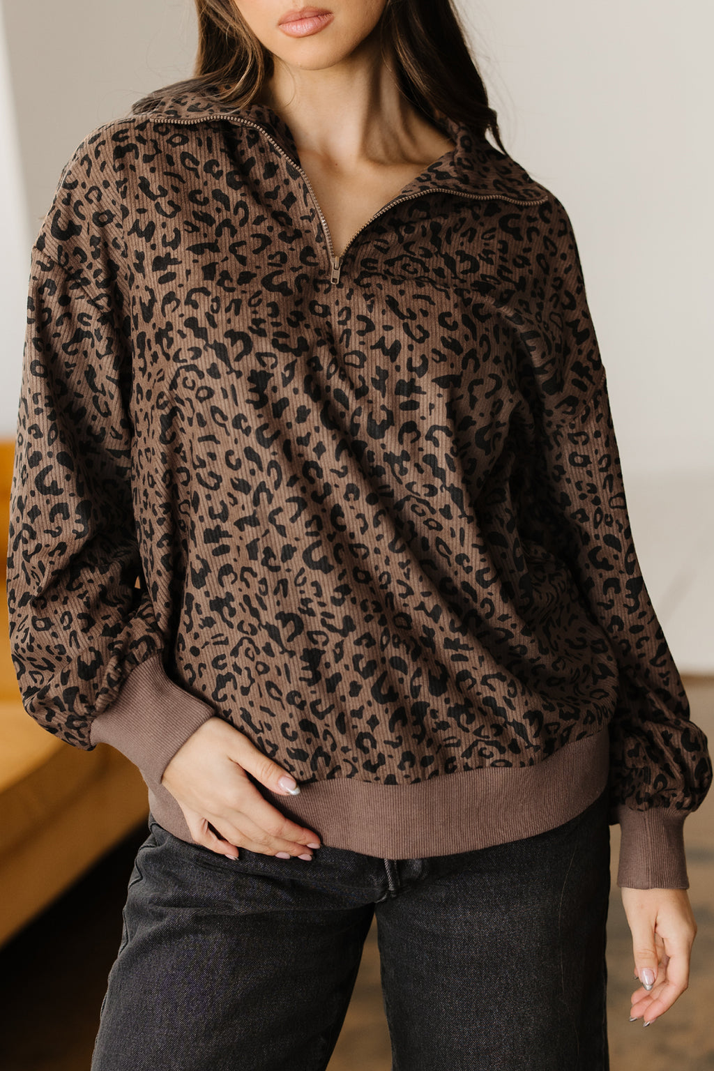 Brown Leopard Print Quarter Zip Corduroy Sweatshirt