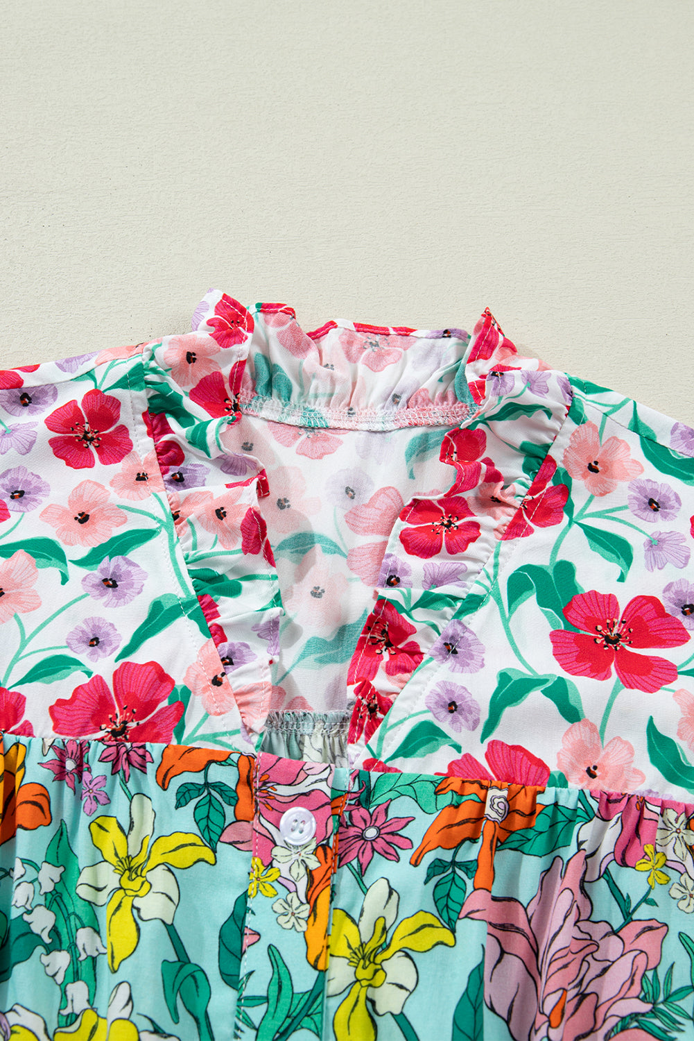 Sky Blue Floral Print Split Neck Button Front Flutter Sleeve Blouse