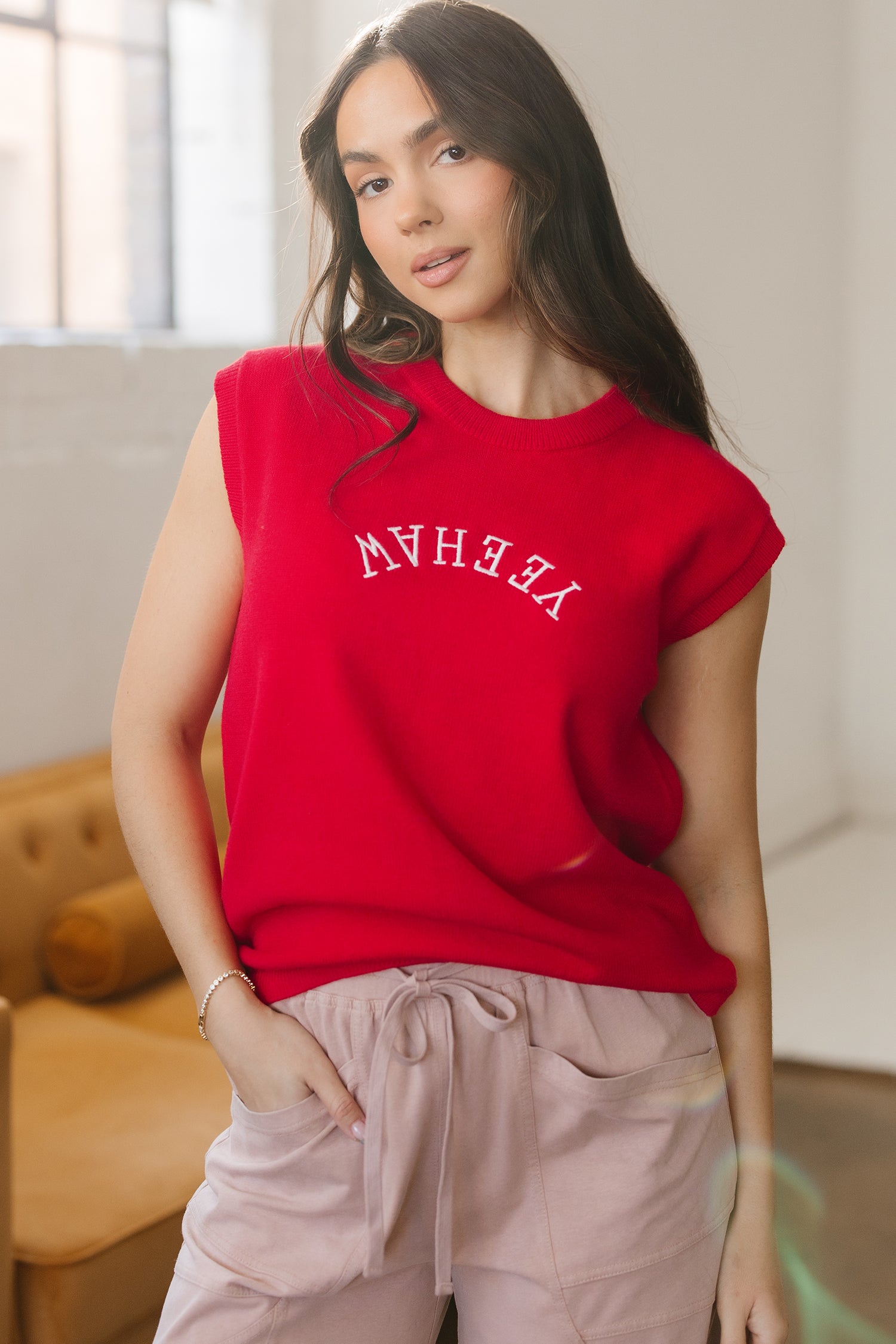 Fiery Red YEEHAW Embroidered Letter Loose Short Sleeve Sweater