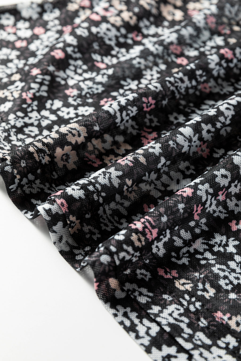 Black Ditsy Floral Mesh Thumbhole Sleeve Slim Fit Top