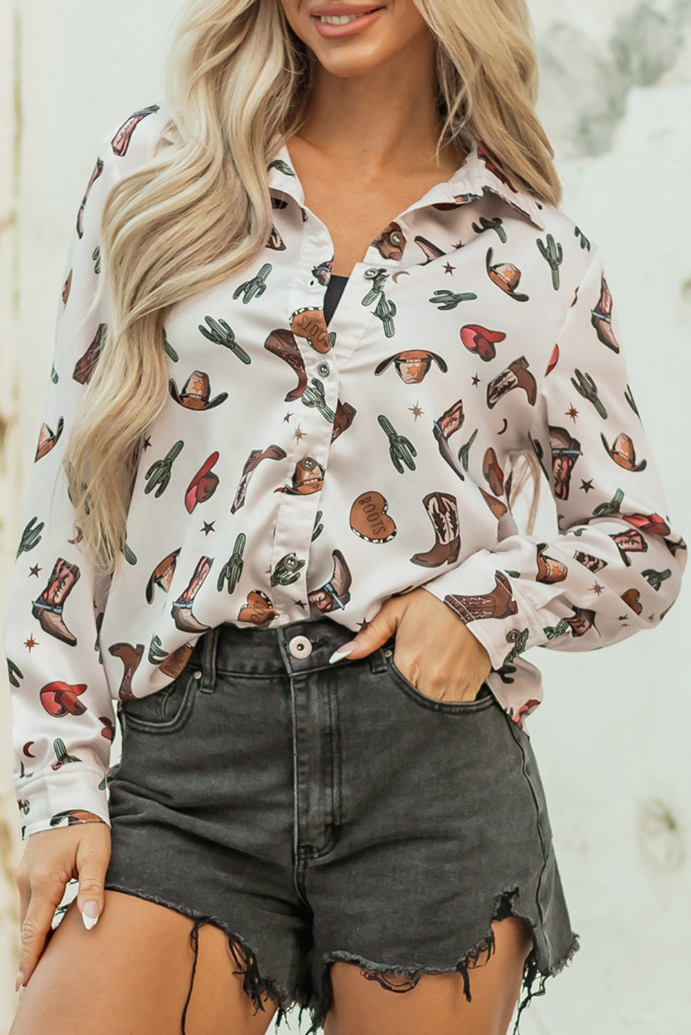 White Western Fashion Print Button Up Casual Shirt