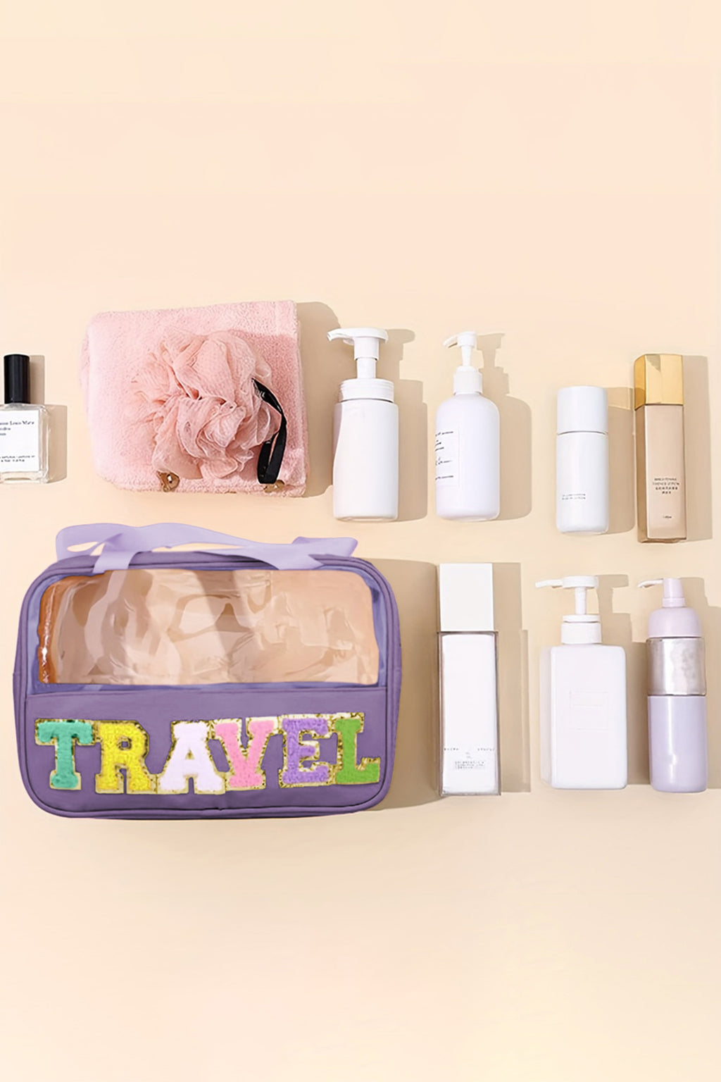 Light Pink TRAVEL Chenille Letter Clear PVC Makeup Bag