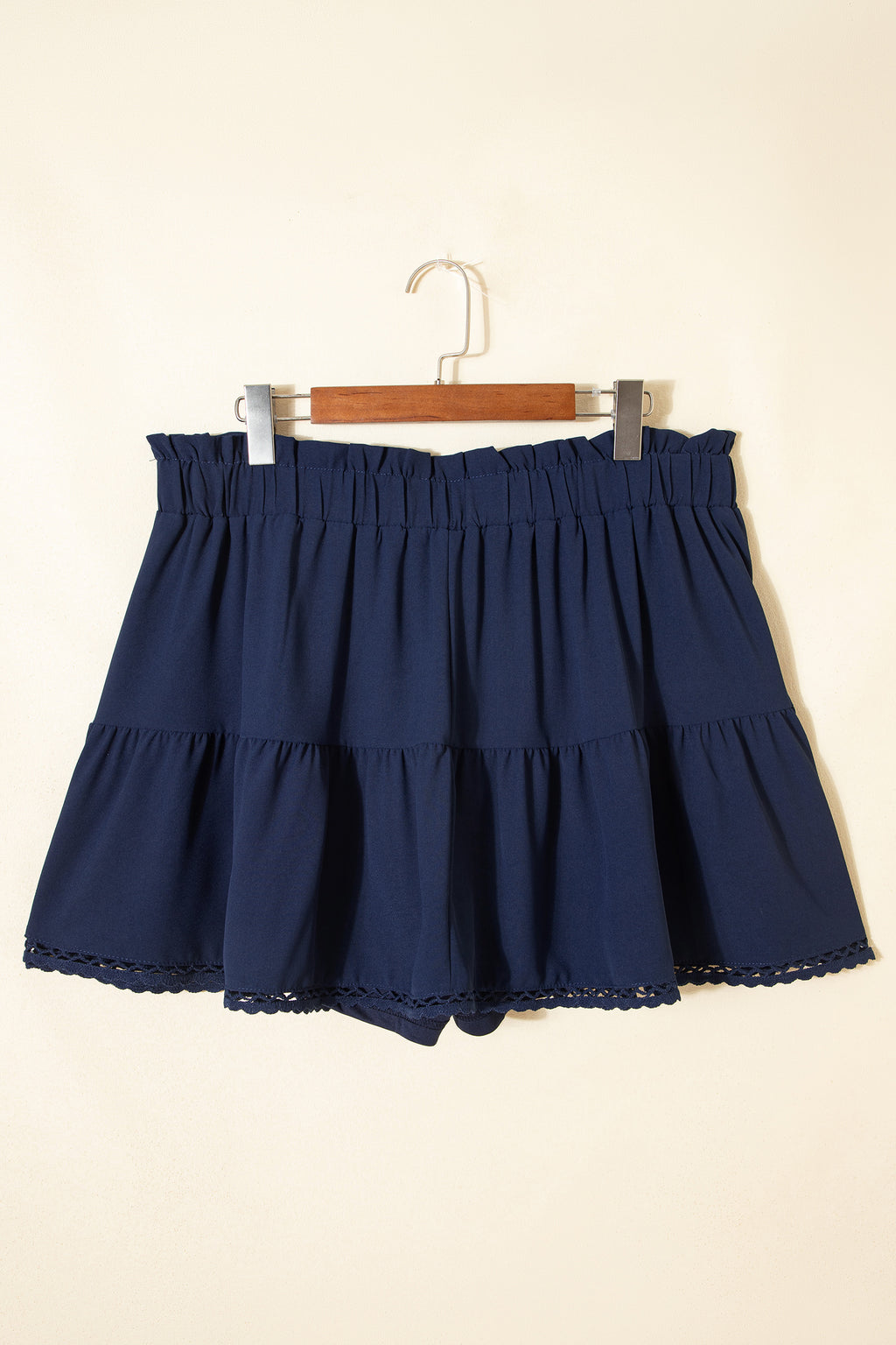 Navy Blue Plus Size Frilled Elastic Waist Lace Trim Boho Ruffled Shorts
