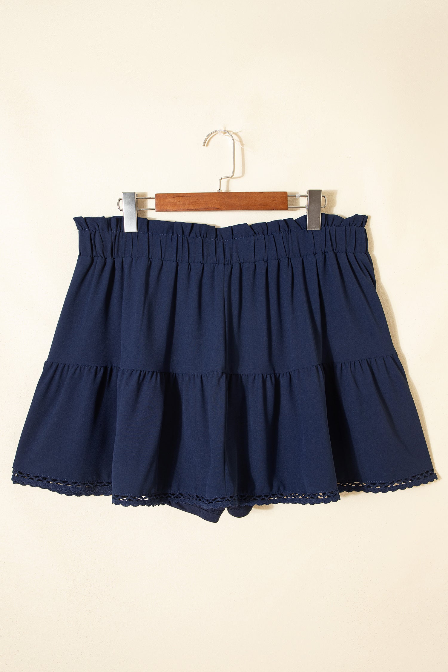 Navy Blue Plus Size Frilled Elastic Waist Lace Trim Boho Ruffled Shorts