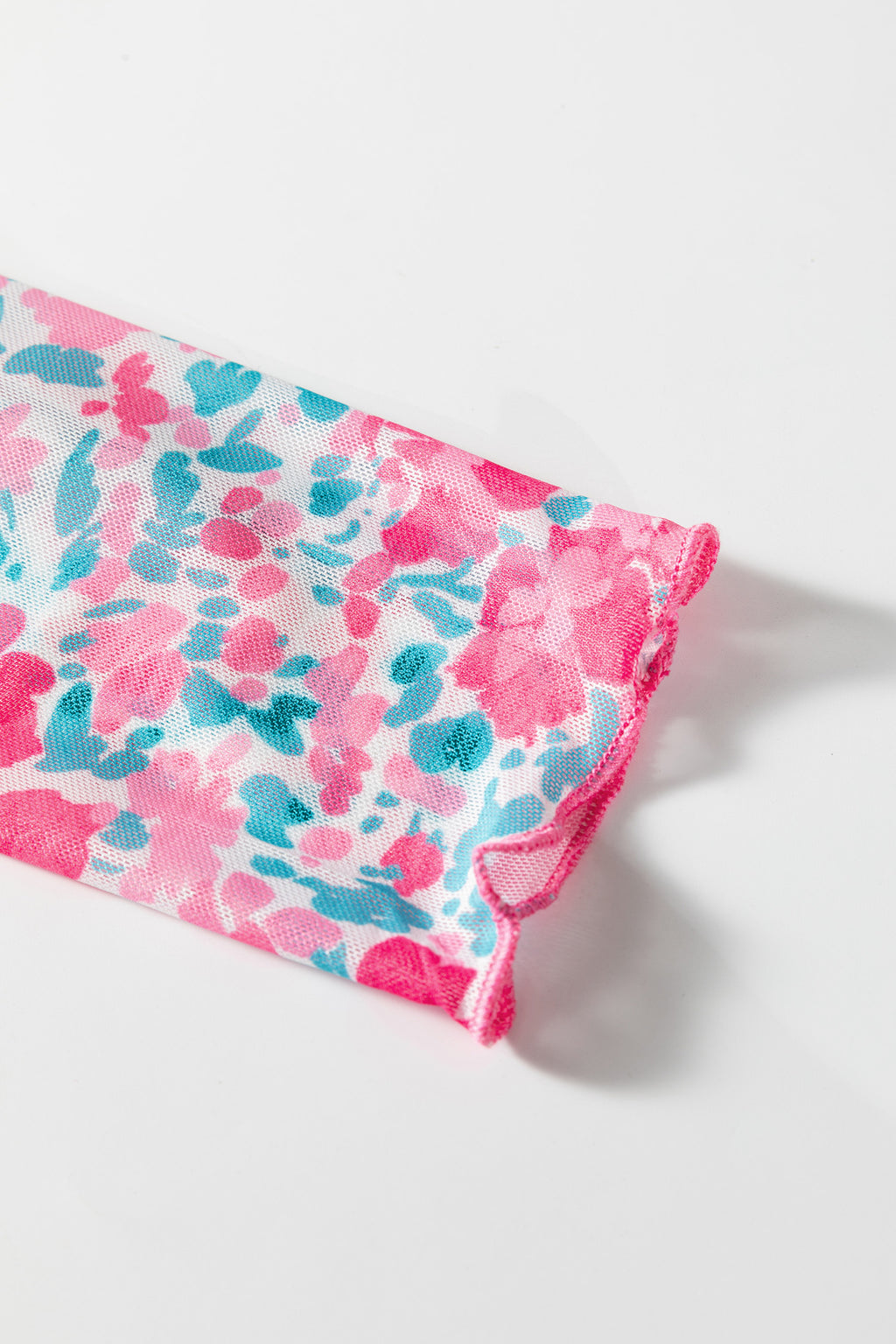 Pink Slim Fit Floral Mesh Long Sleeve Mock Neck Top