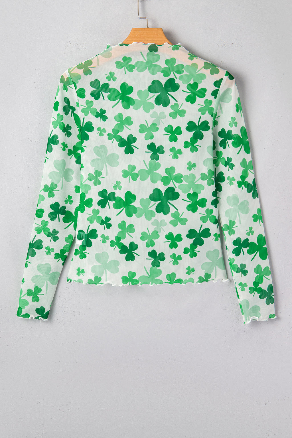 Green Lucky Shamrock Lettuce Trim High Neck Mesh Long Sleeve Top