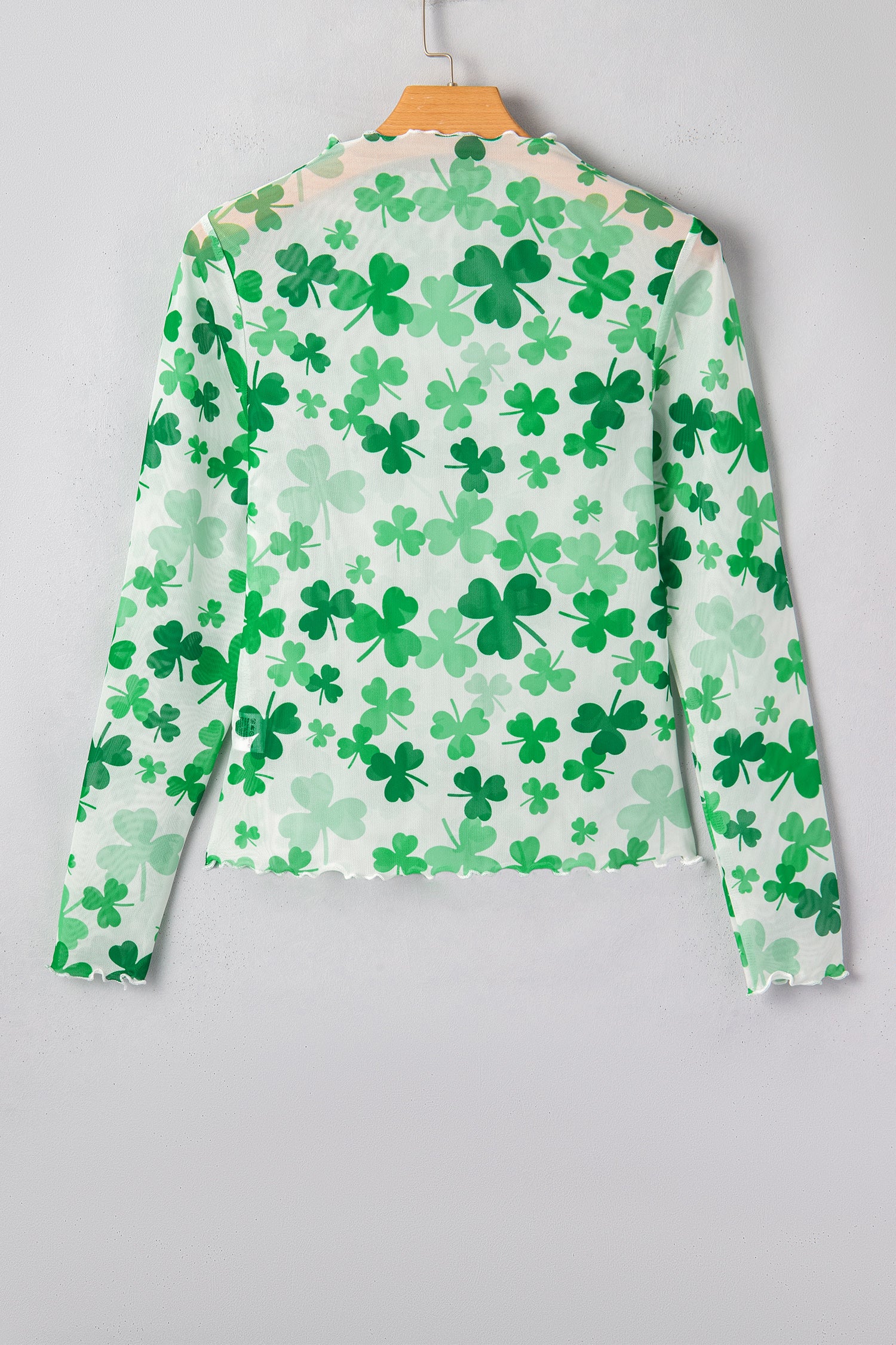 Green Lucky Shamrock Lettuce Trim High Neck Mesh Long Sleeve Top