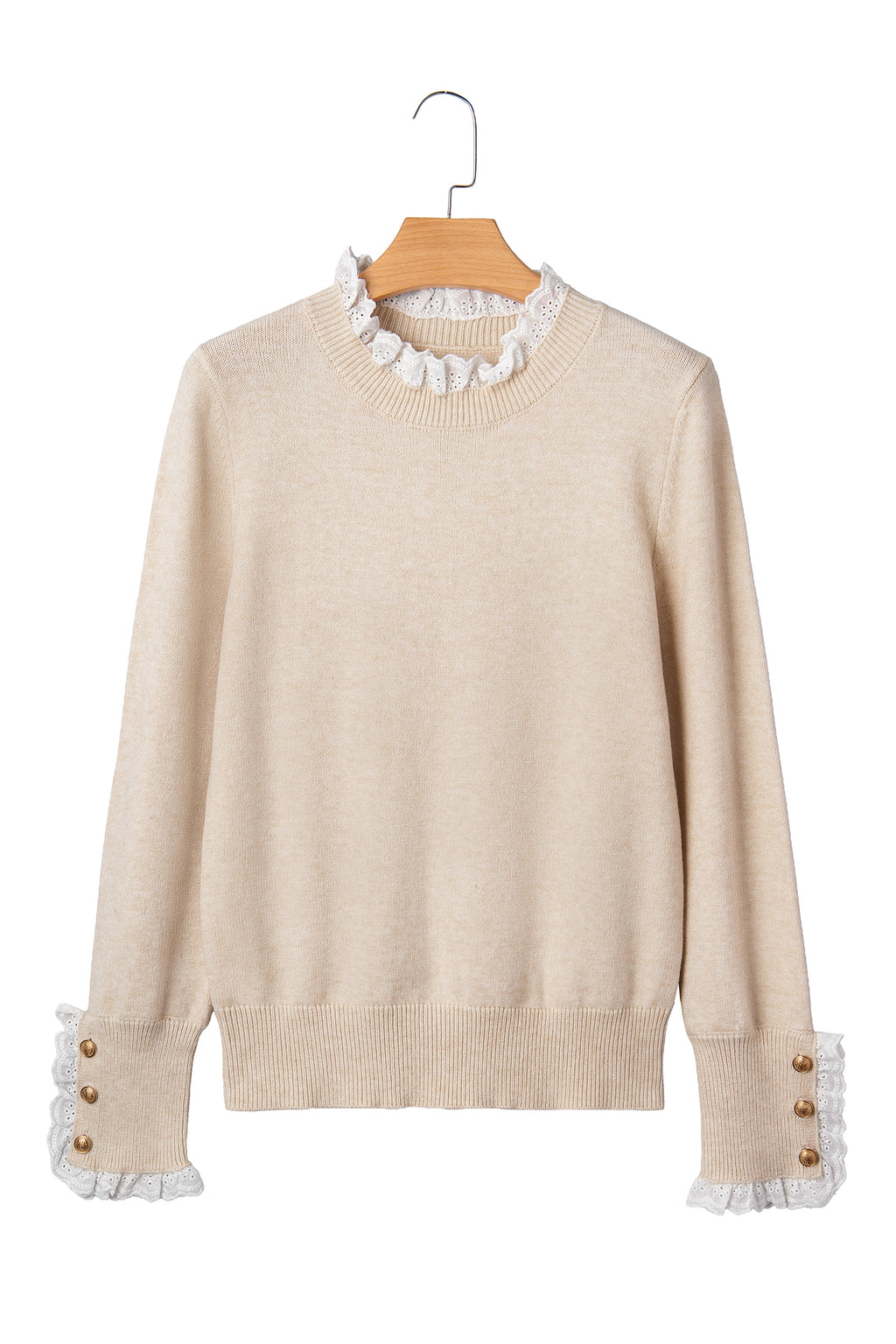 Sleet Lace Trim Patchwork Buttoned Cuffs Loose Sweater