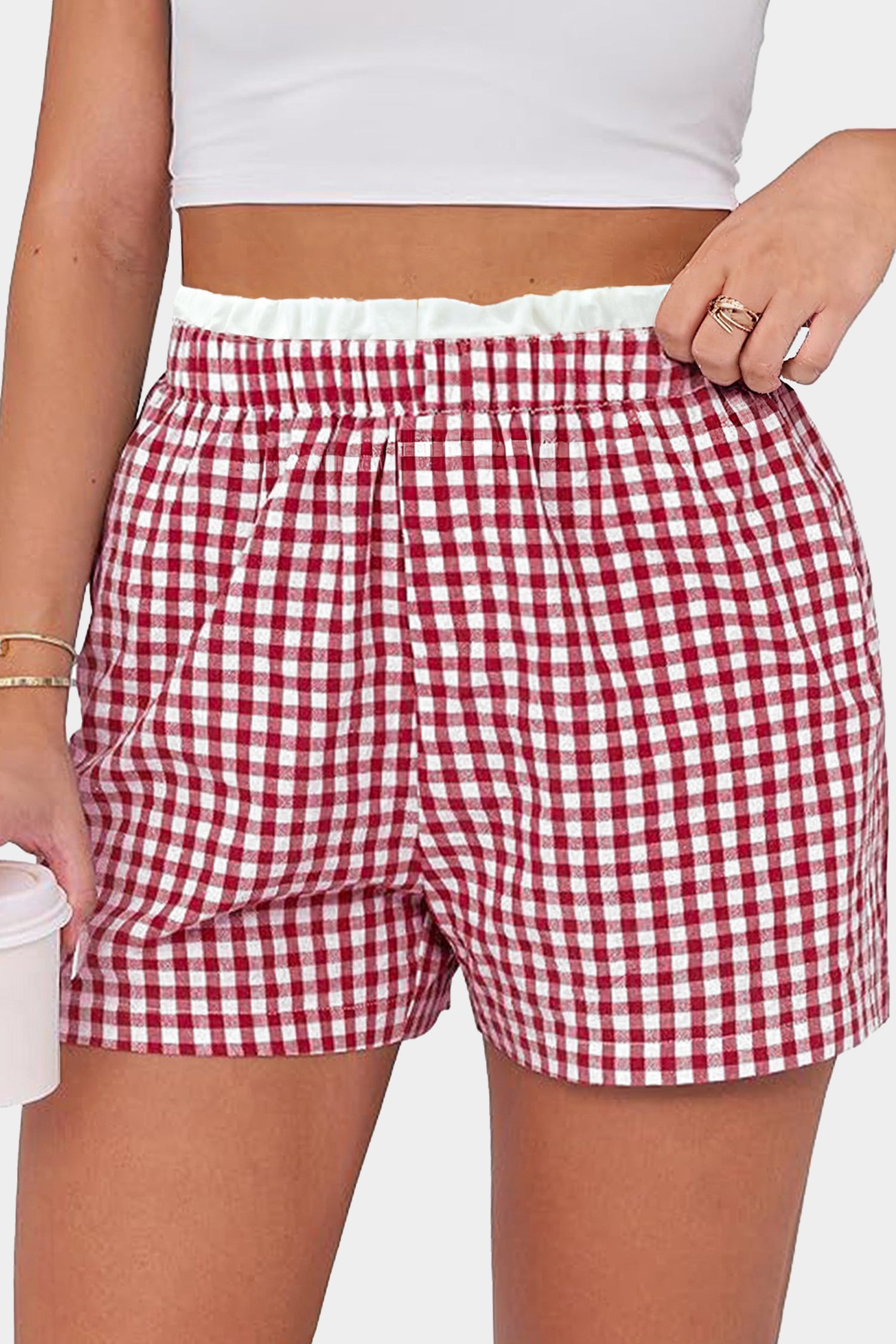 Green Contrast Trim Plaid Print Plus Size Shorts