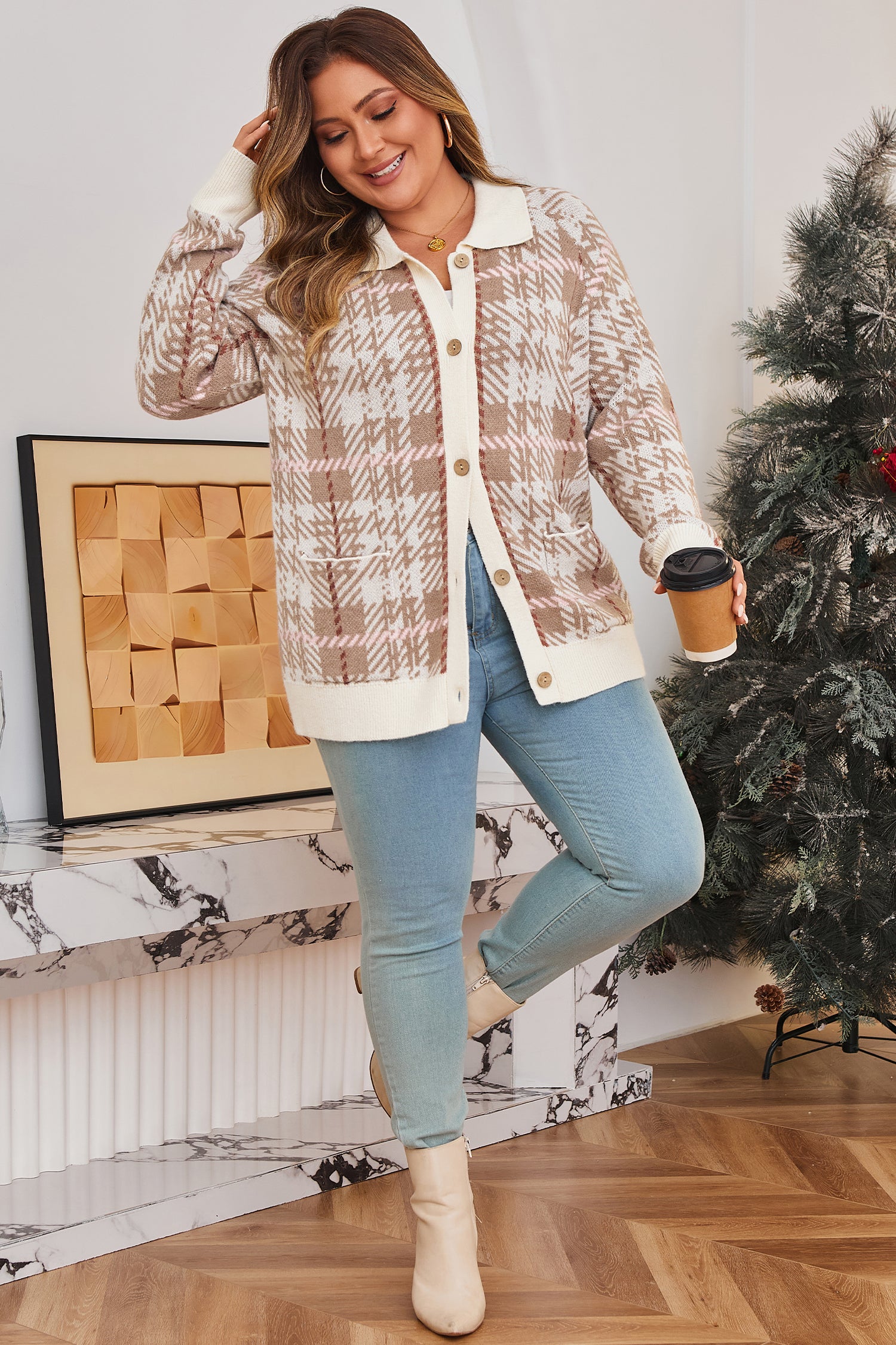 Khaki Vintage Pattern Ribbed Trim Button Front Plus Size Cardigan Sweater