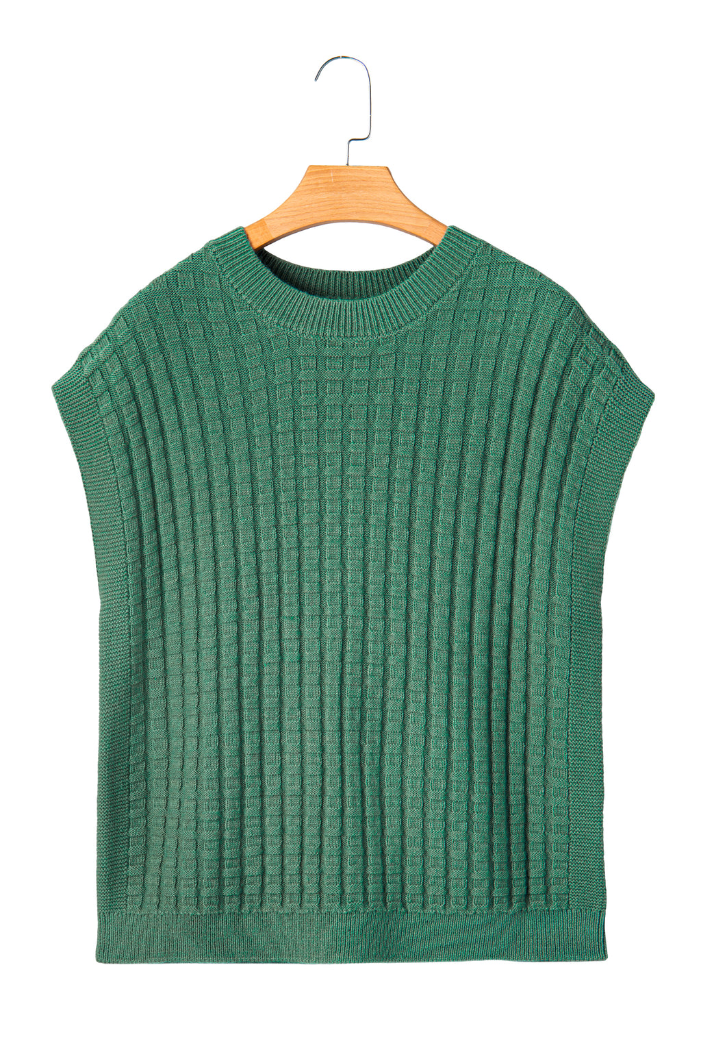 Mist Green Solid Color Round Neck Textured Short Sleeve Sweater