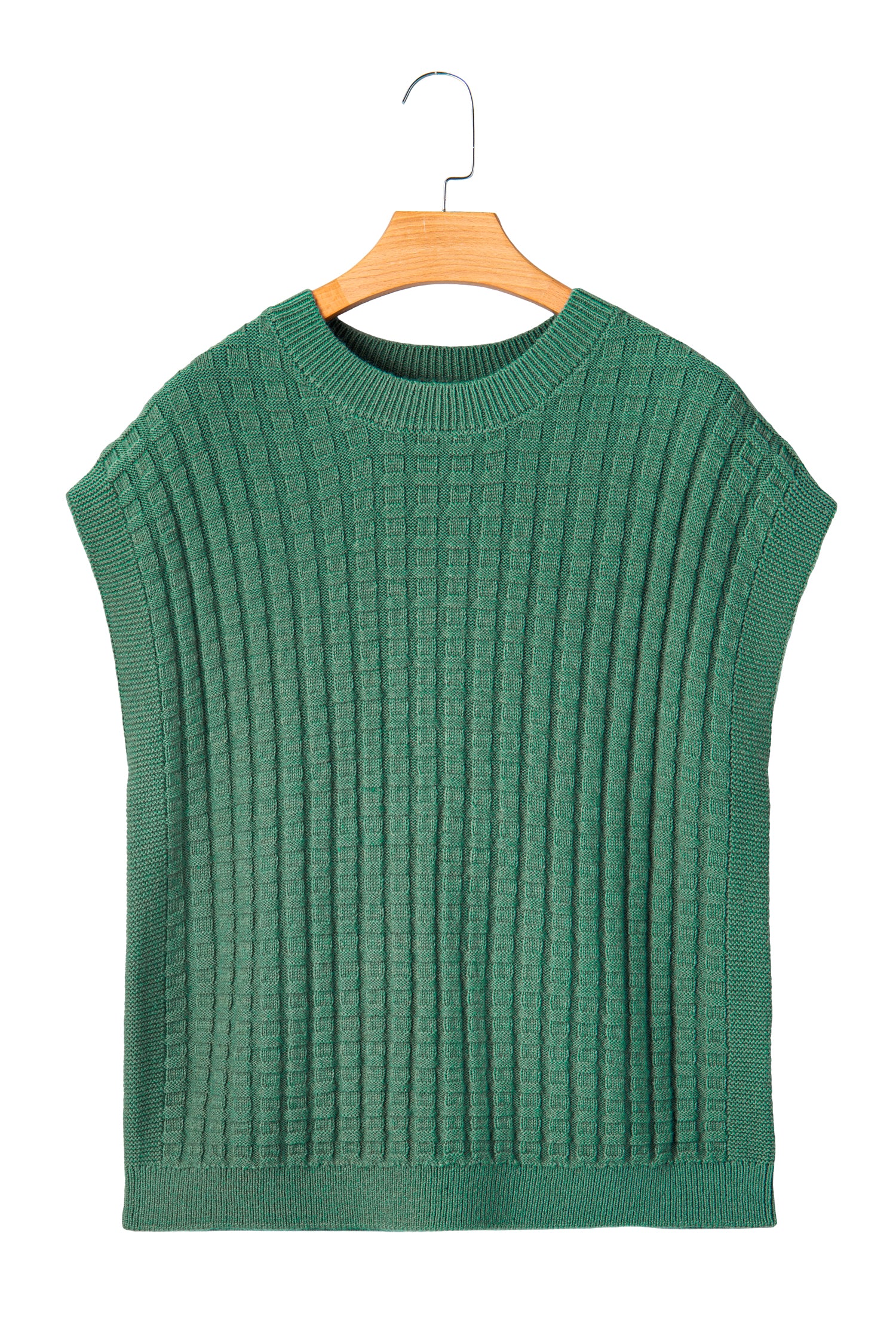 Mist Green Solid Color Round Neck Textured Short Sleeve Sweater