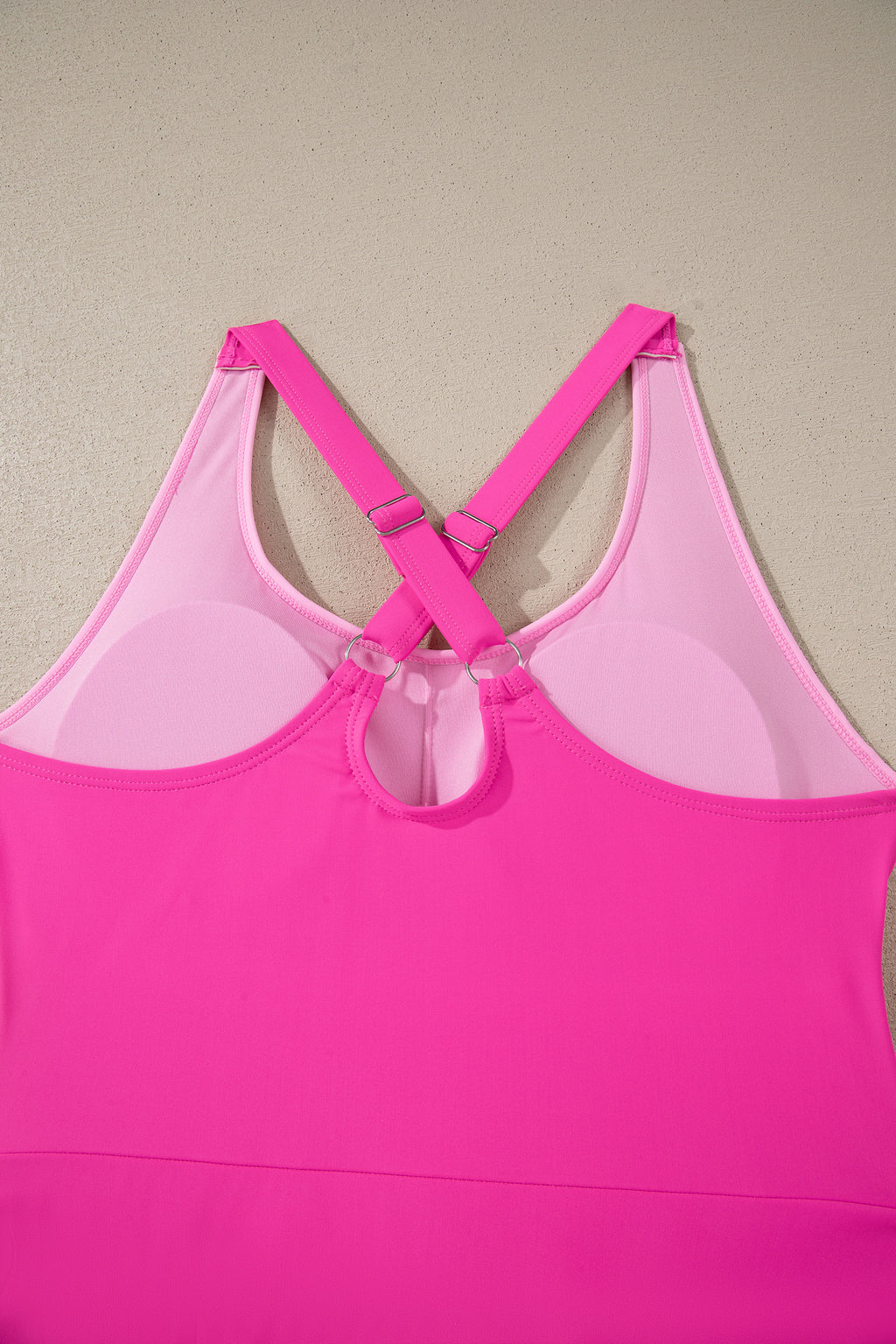 Rose Red Contrast Trim Neckline Active Shorts Attached One Piece Swim Dress