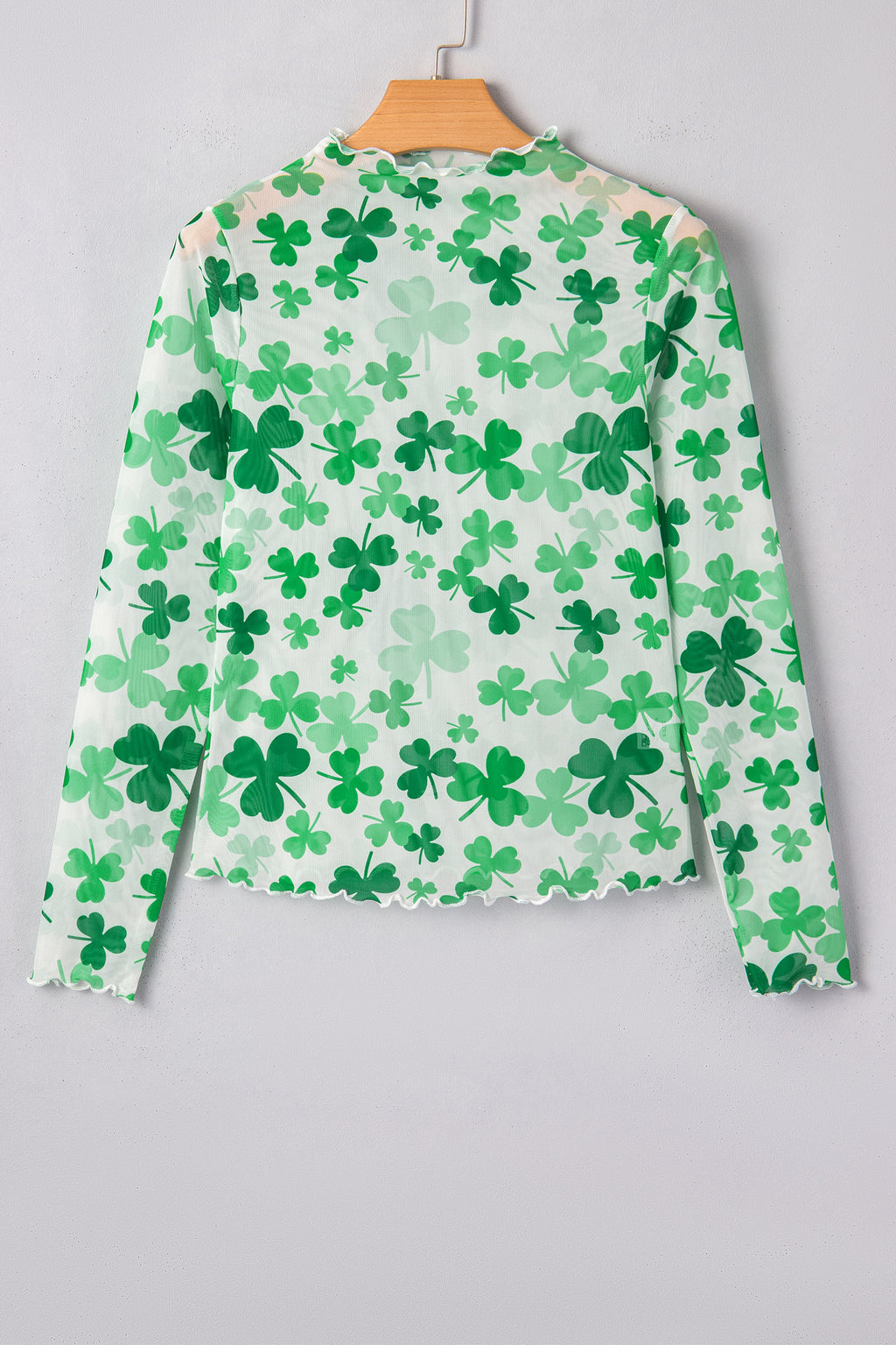 Green Lucky Shamrock Lettuce Trim High Neck Mesh Long Sleeve Top