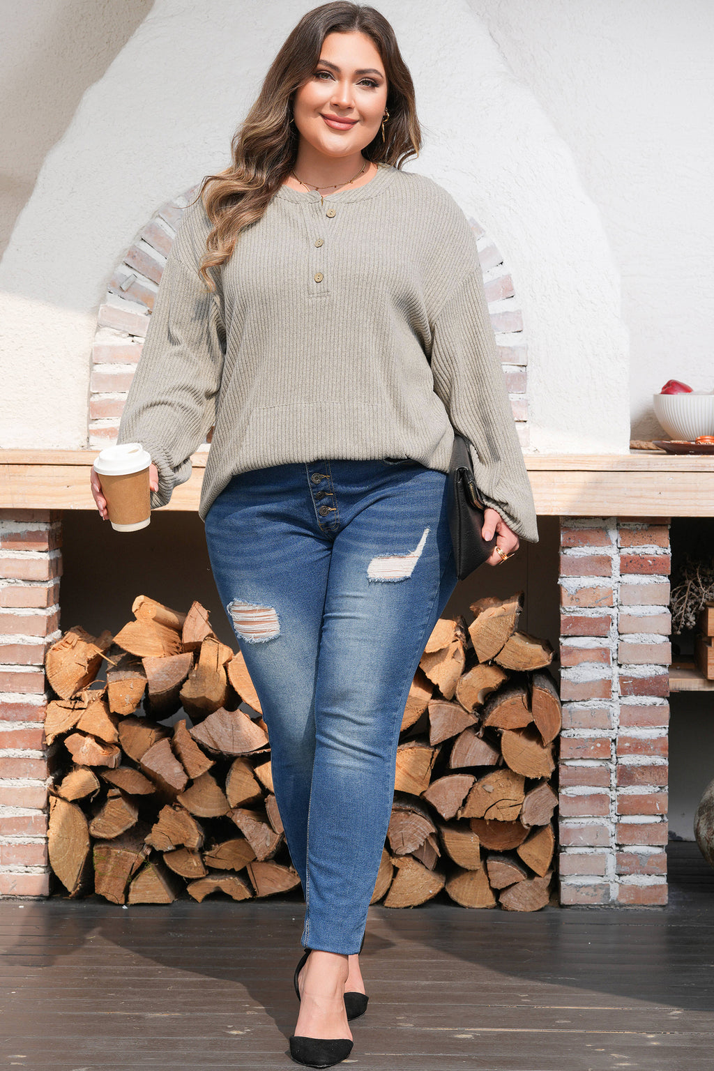 Simply Taupe Plus Size Ribbed Knit Kangaroo Pocket Henley Long Sleeve Top