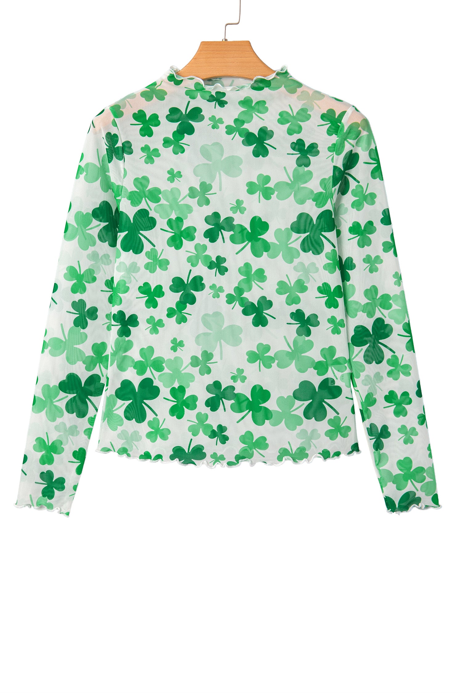 Green Lucky Shamrock Lettuce Trim High Neck Mesh Long Sleeve Top