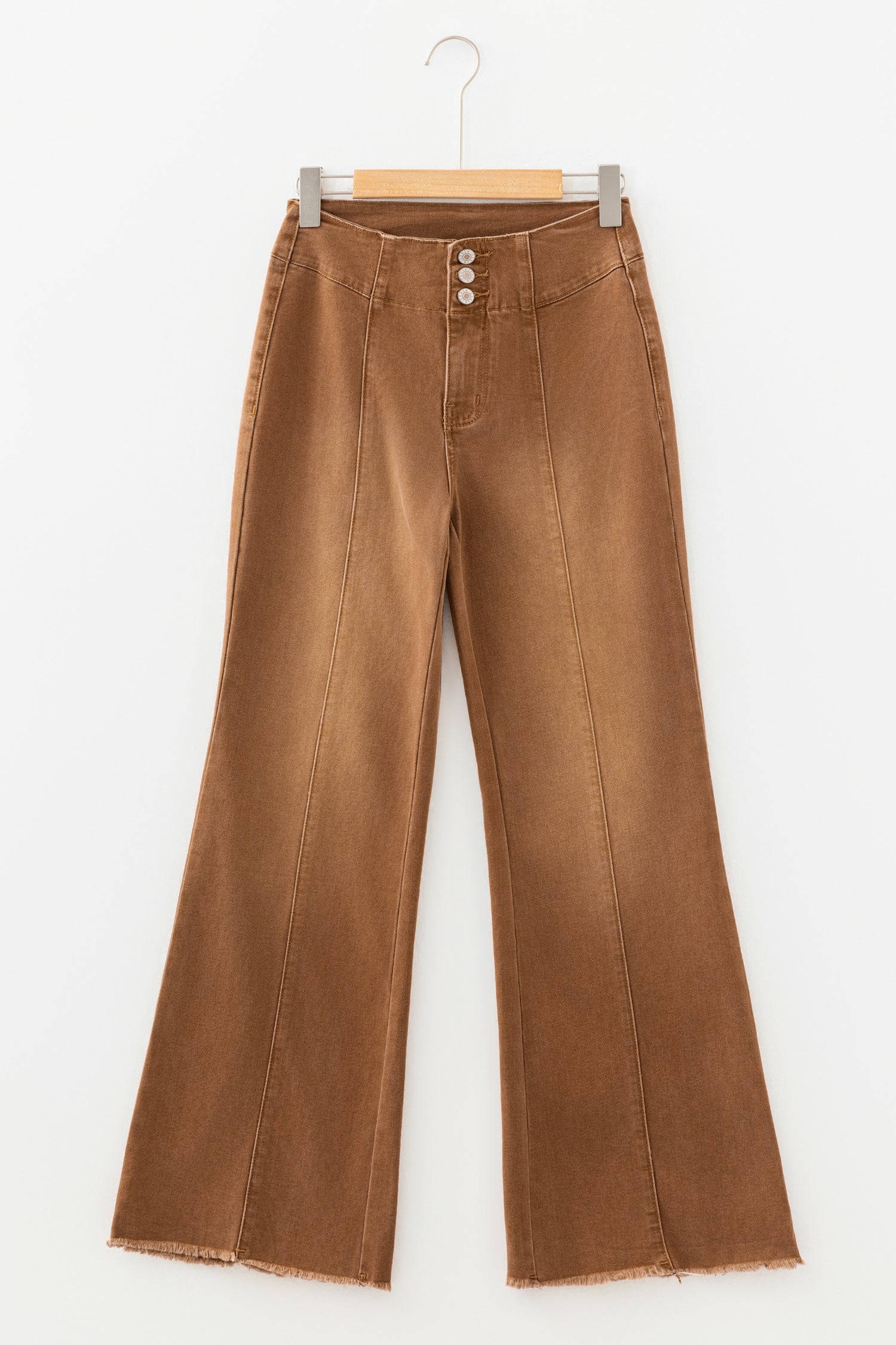 Coffee High Waist Button Fly Seamed Raw Hem Flare Jeans