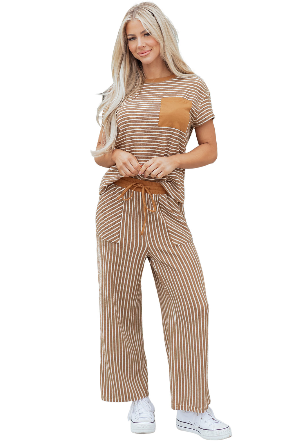 Khaki Stripe Crew Neck Tee Drawstring Waist Cropped Pants Set