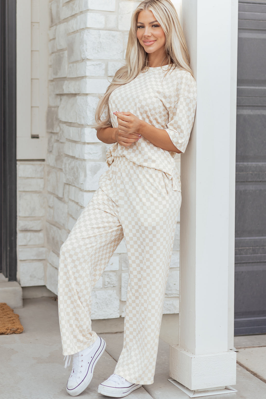 Khaki Checkered Print Half Sleeve Tee 2pcs Lounge Pant Set