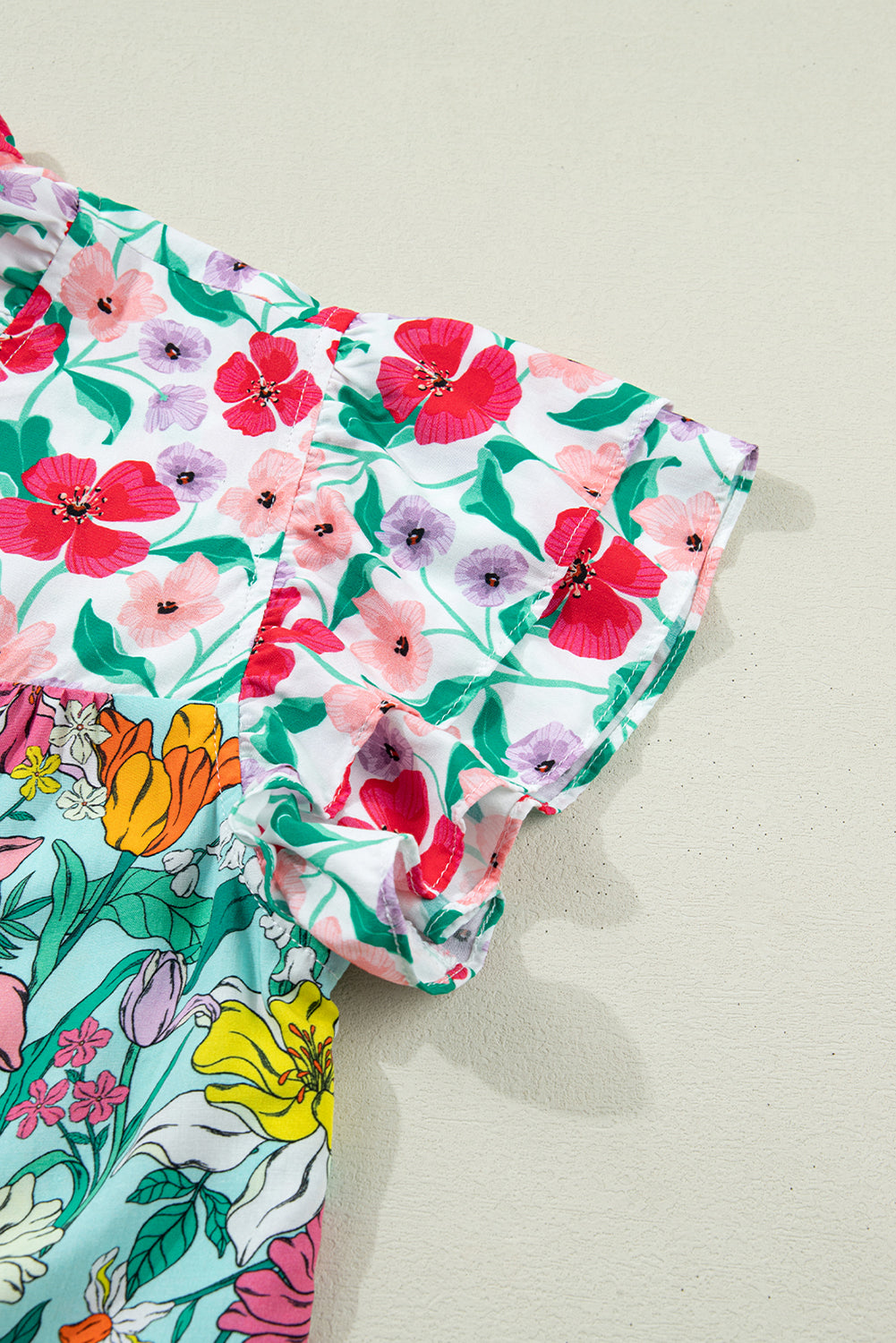 Sky Blue Floral Print Split Neck Button Front Flutter Sleeve Blouse