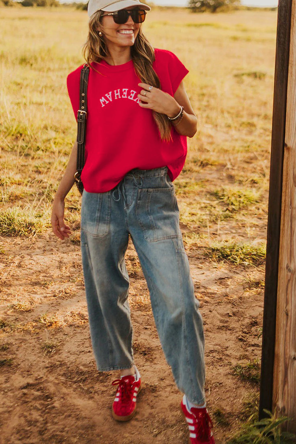 Fiery Red YEEHAW Embroidered Letter Loose Short Sleeve Sweater