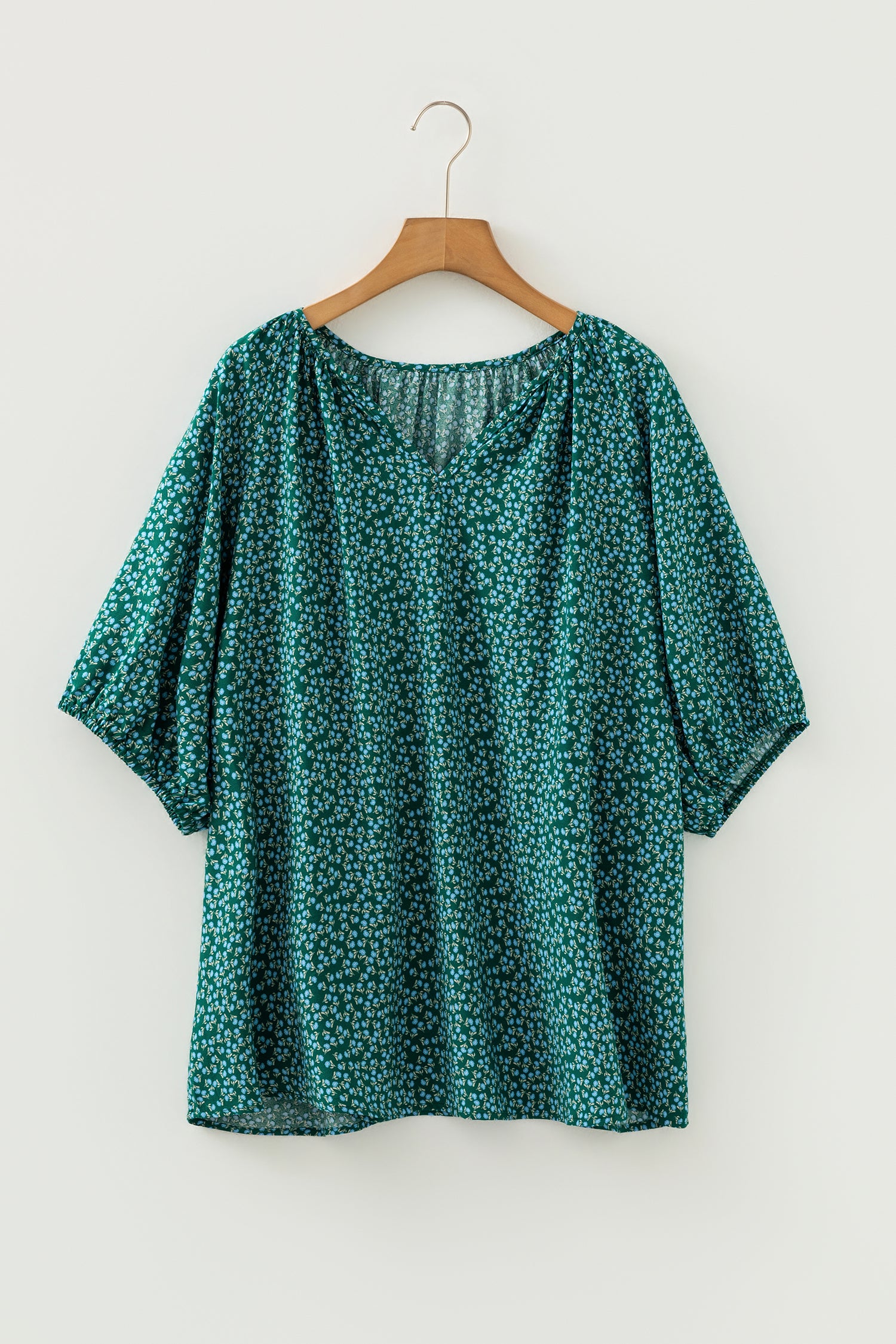 Green Boho Chic Notched V Neck Plus Floral Short Sleeve Top