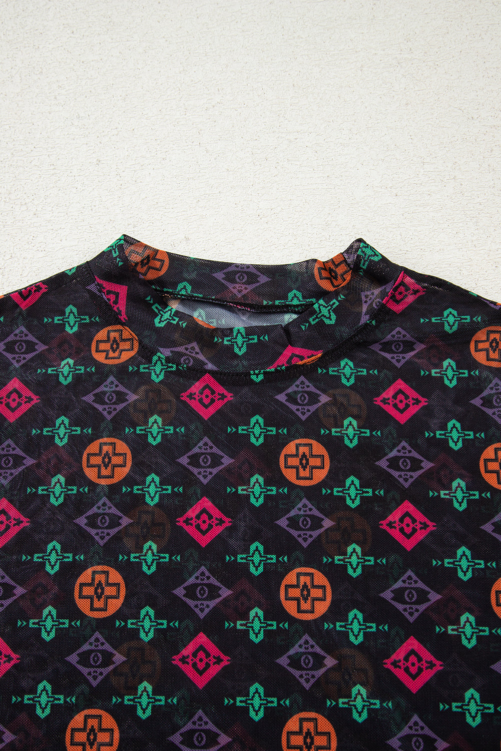 Black Western Aztec Printed Long Sleeve Mesh Top