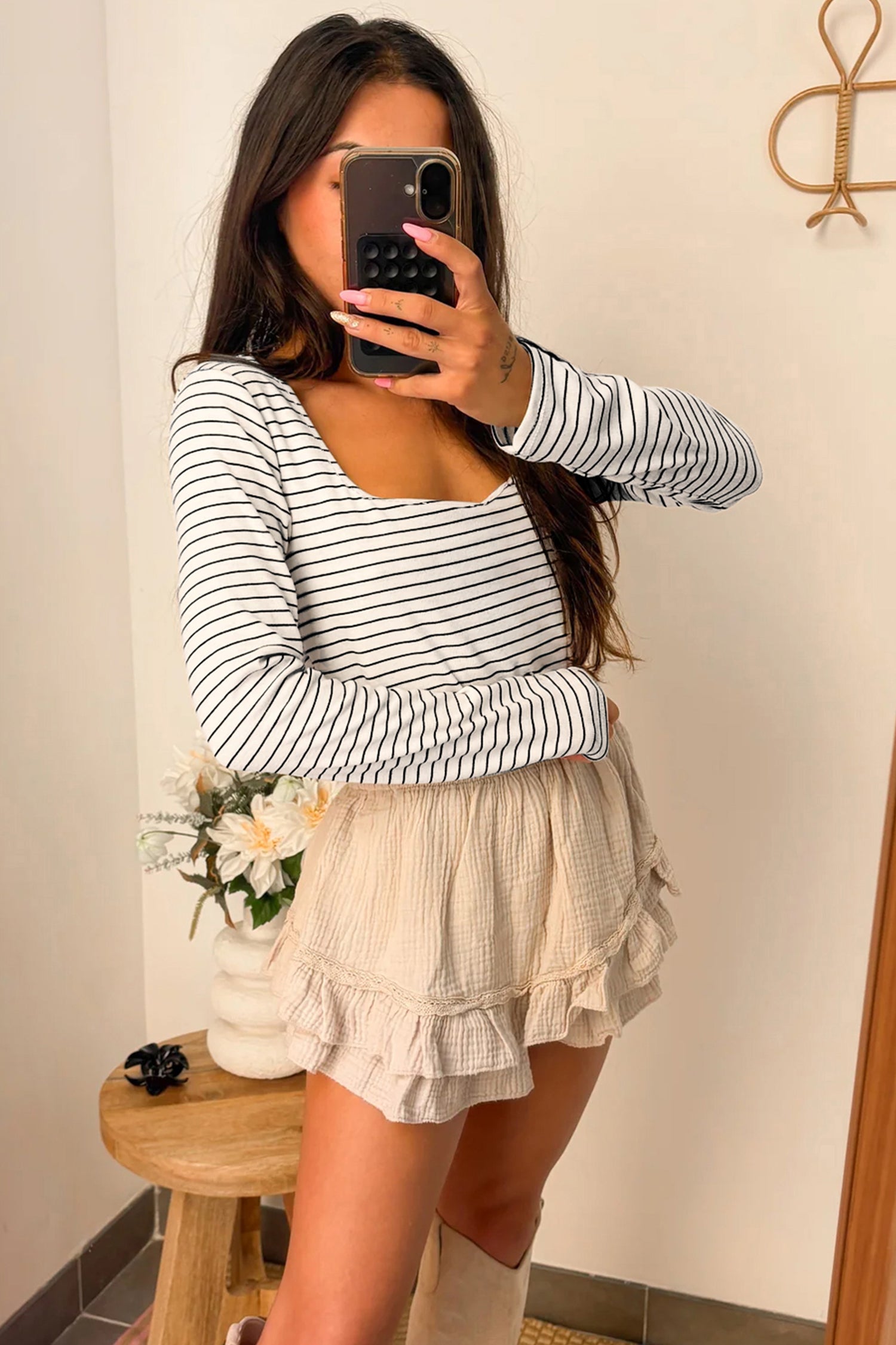 Brown Stripe Square Neck Long Sleeve Top