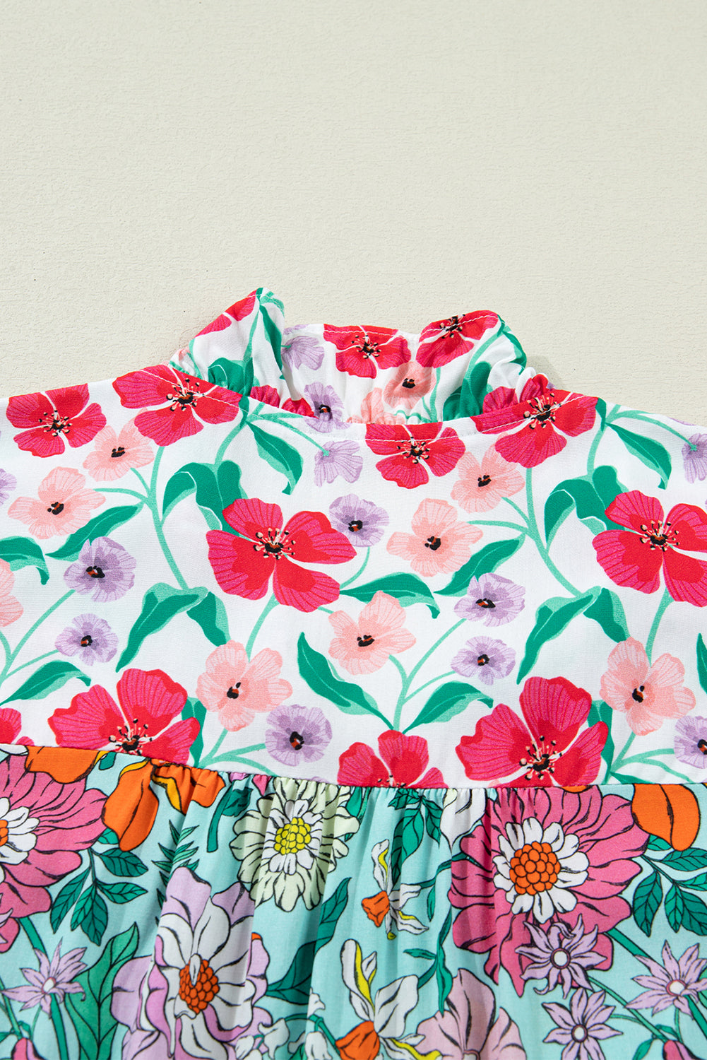 Sky Blue Floral Print Split Neck Button Front Flutter Sleeve Blouse