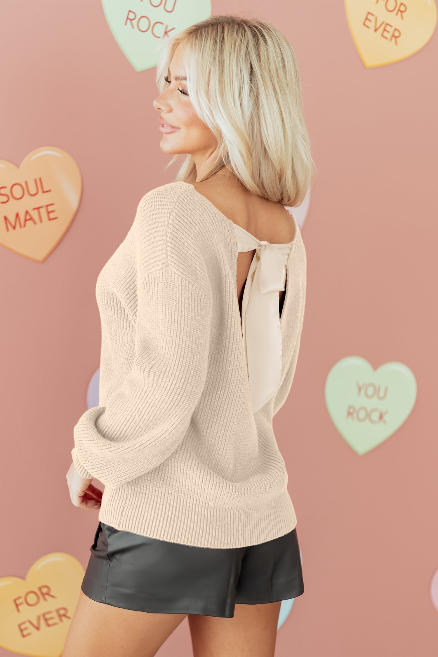 Jet Stream Ribbed Knit Ribbon Knot Backless Drop Shoulder Sweater