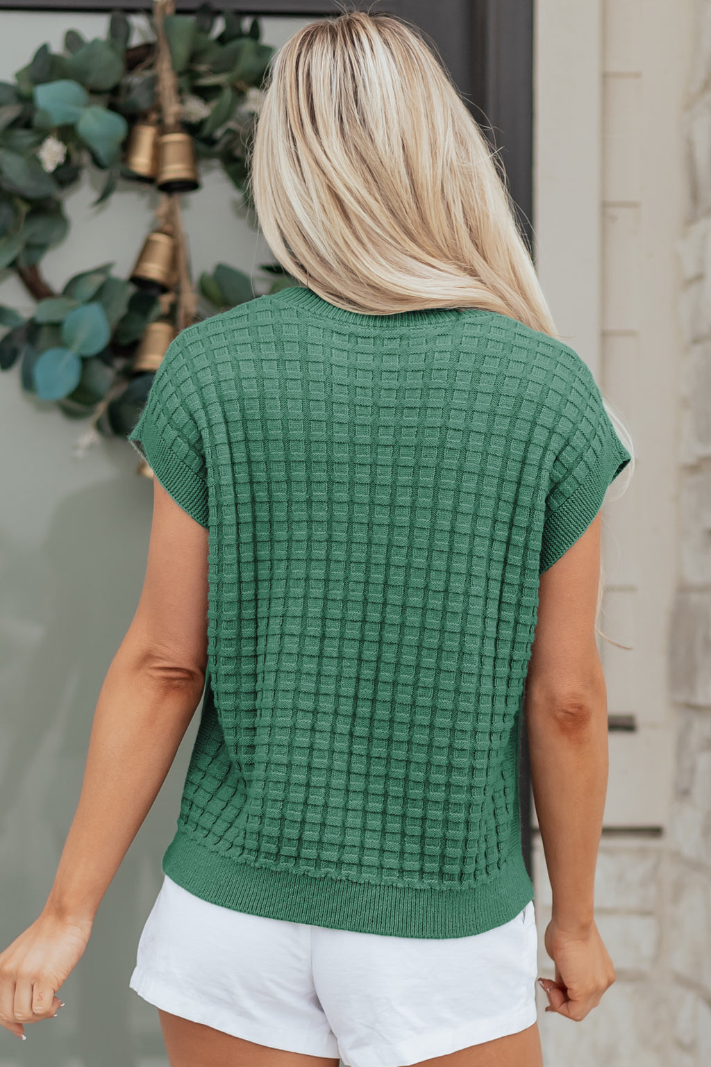 Mist Green Solid Color Round Neck Textured Short Sleeve Sweater