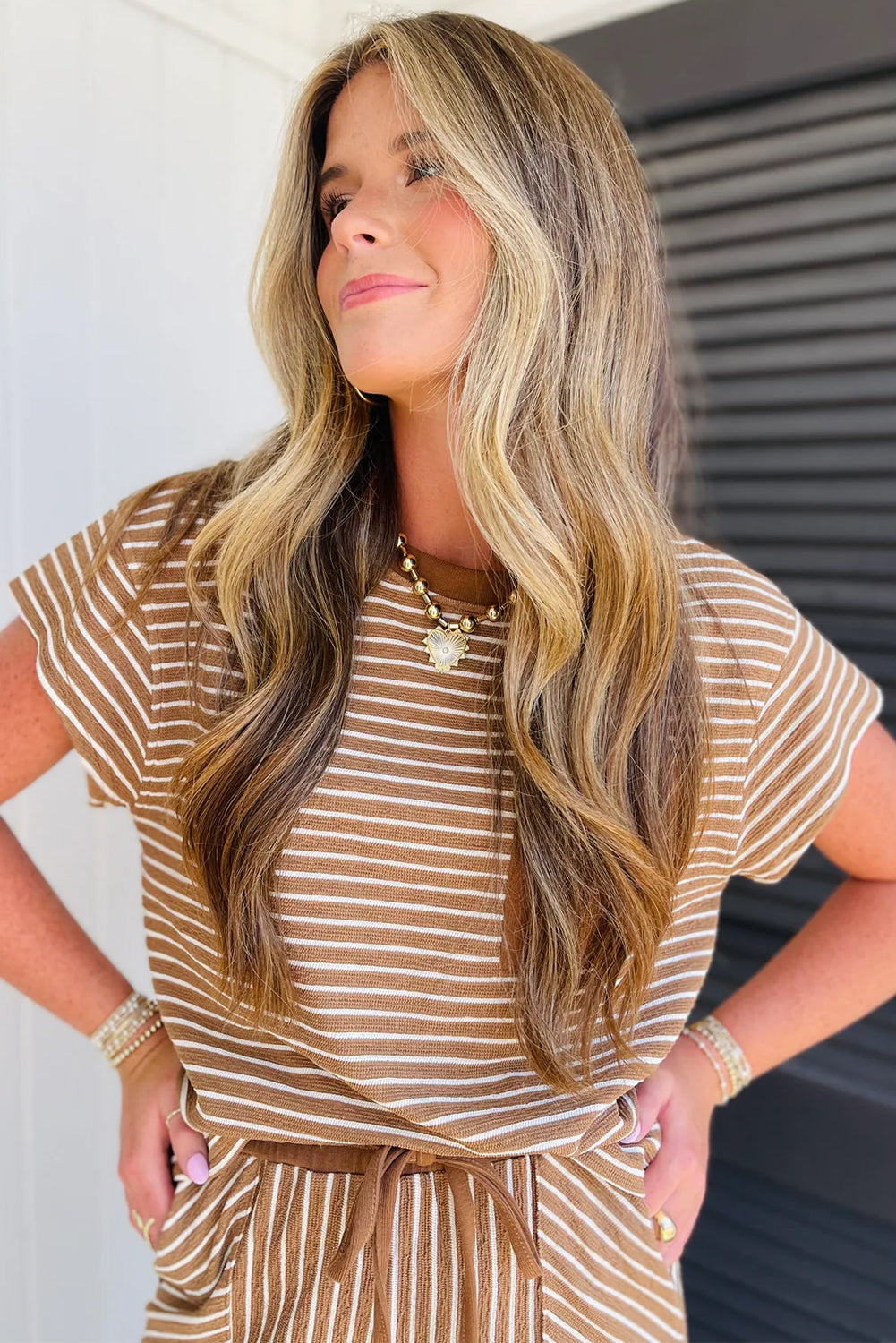 Khaki Stripe Crew Neck Tee Drawstring Waist Cropped Pants Set