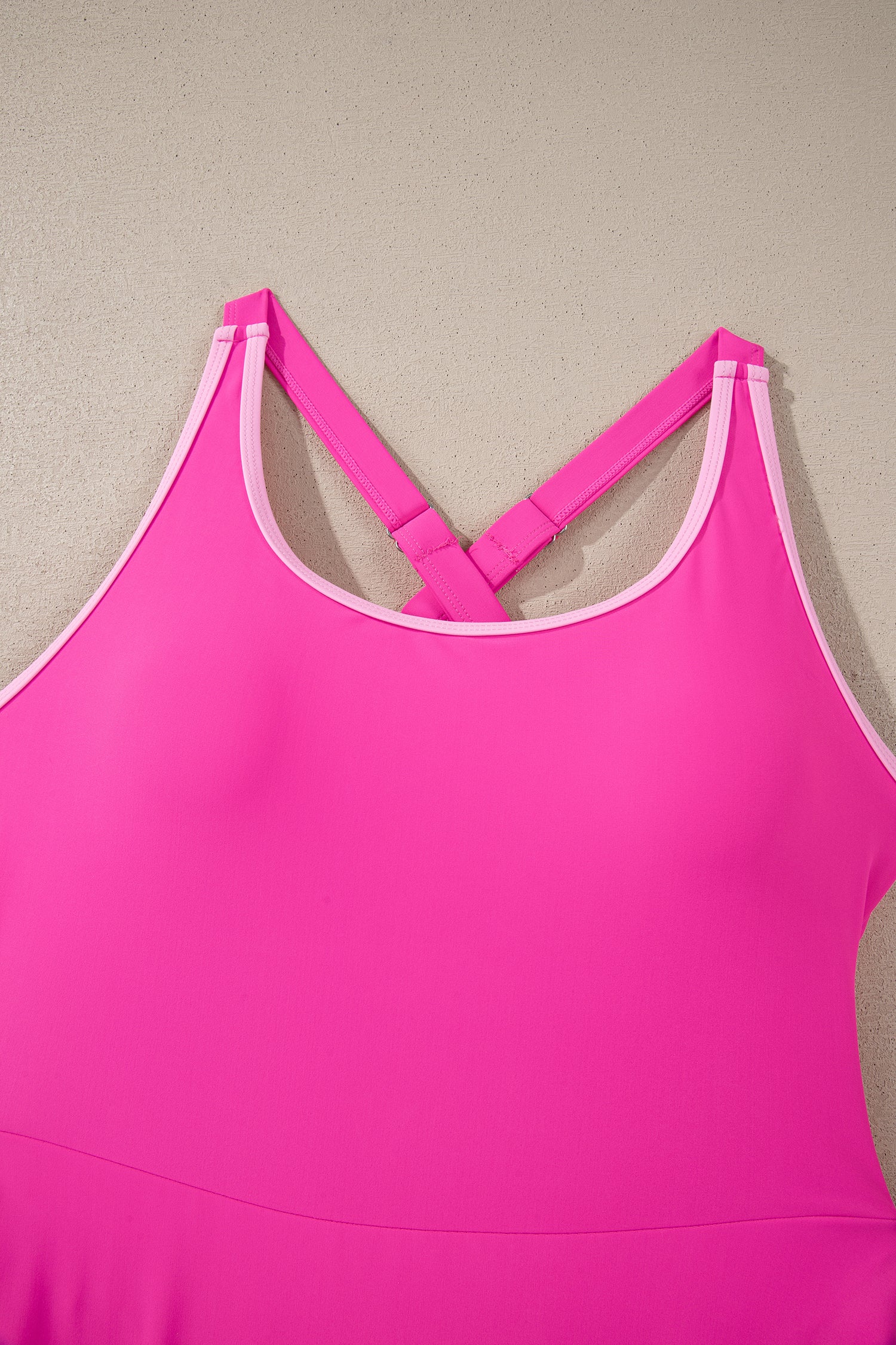 Rose Red Contrast Trim Neckline Active Shorts Attached One Piece Swim Dress