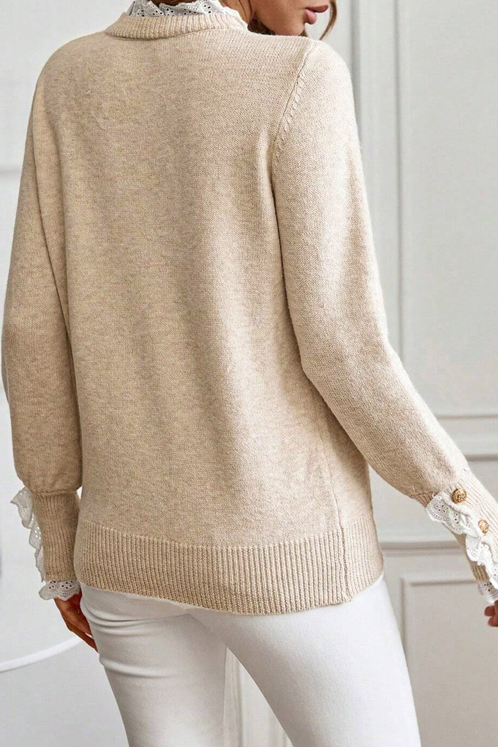 Sleet Lace Trim Patchwork Buttoned Cuffs Loose Sweater