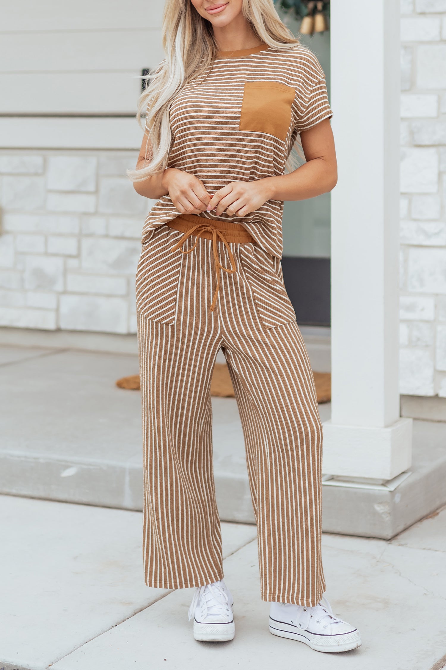 Khaki Stripe Crew Neck Tee Drawstring Waist Cropped Pants Set