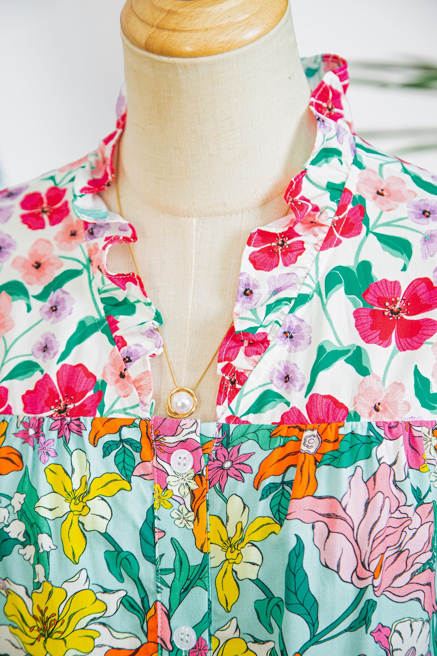 Sky Blue Floral Print Split Neck Button Front Flutter Sleeve Blouse